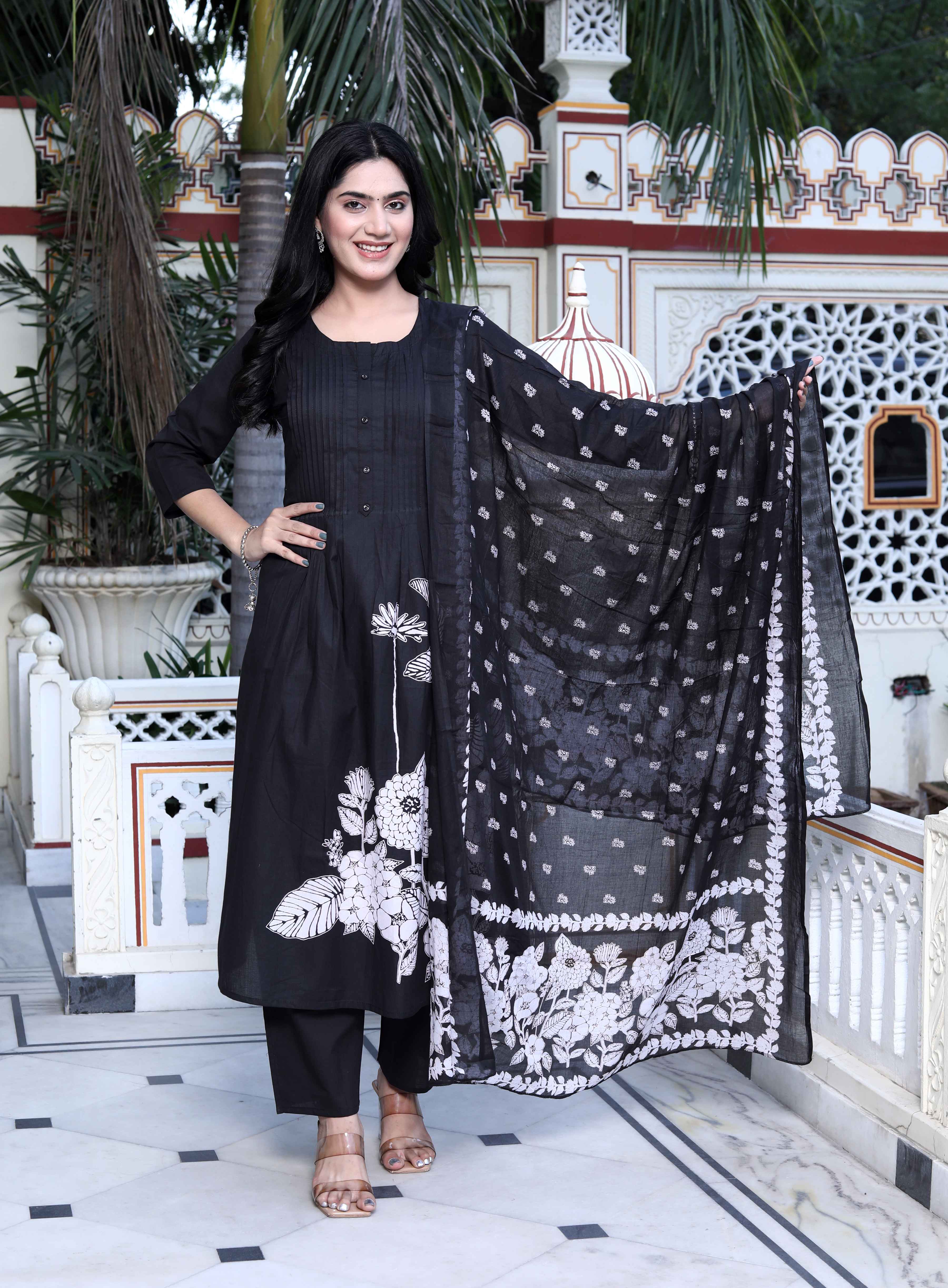 Womens Black Pintucks Detailing Straight Kurta and Palazzo with Dupatta Set