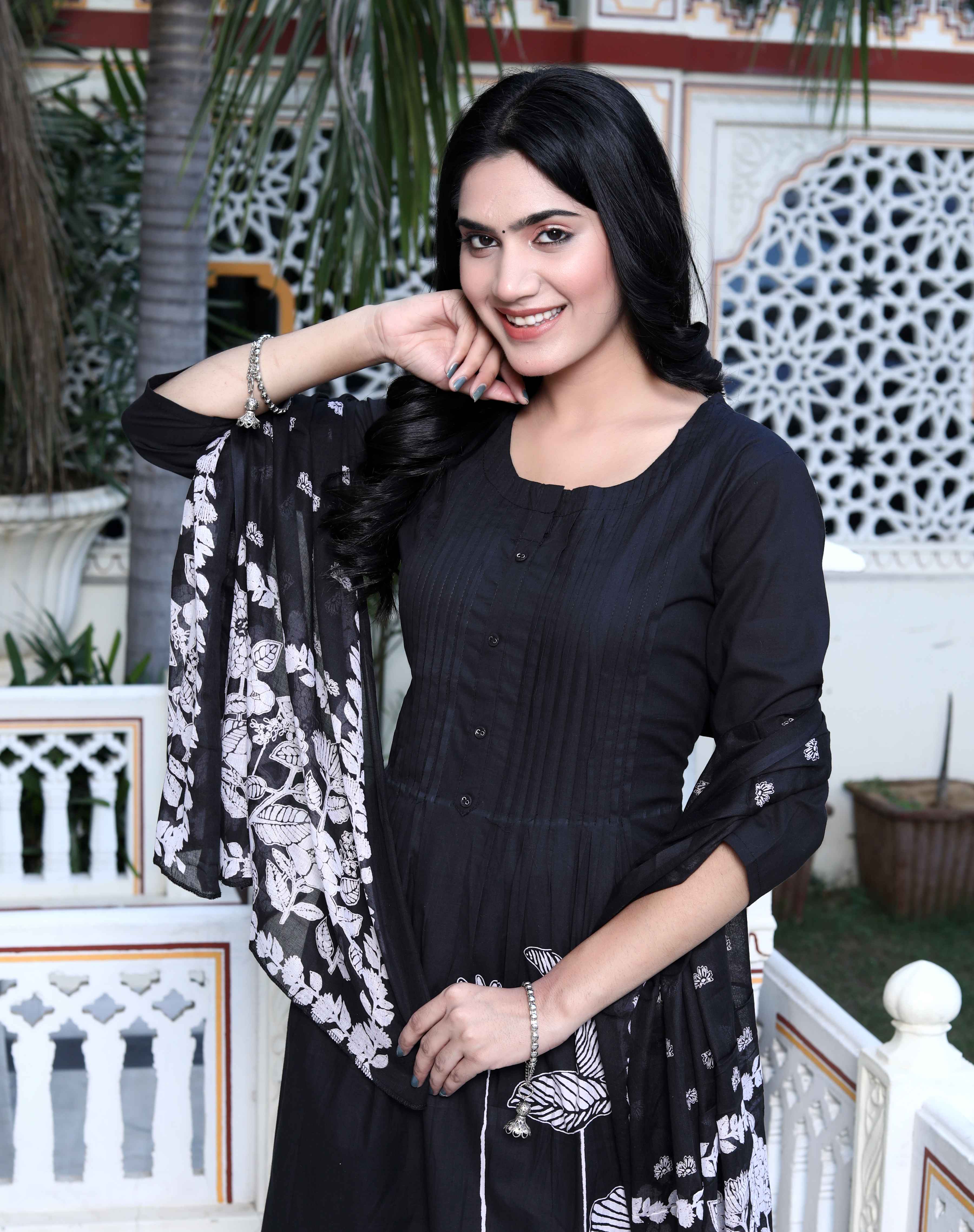 Womens Black Pintucks Detailing Straight Kurta and Palazzo with Dupatta Set
