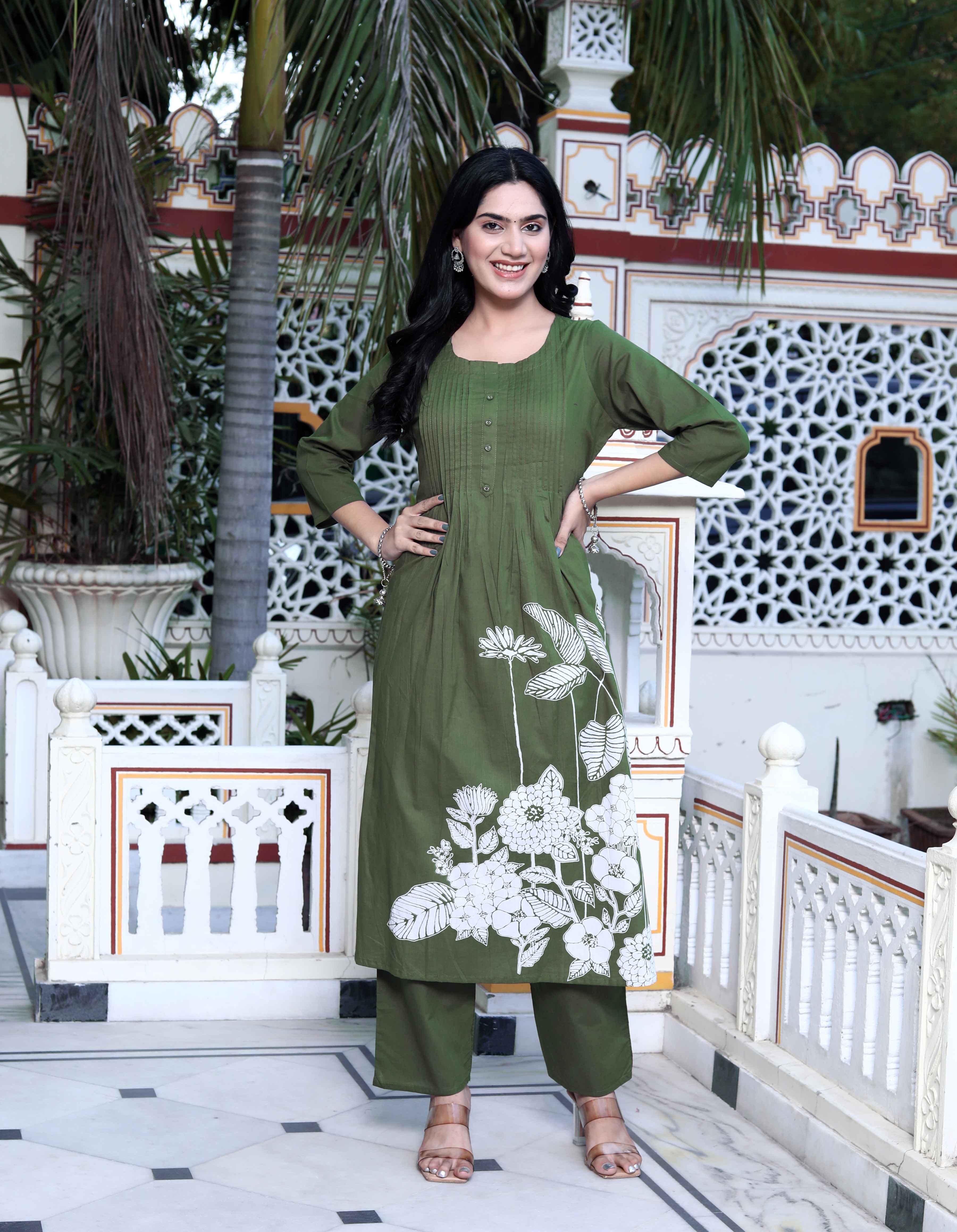 Womens Mehandi Pintucks Cotton Floral Straight Kurta and Palazzo