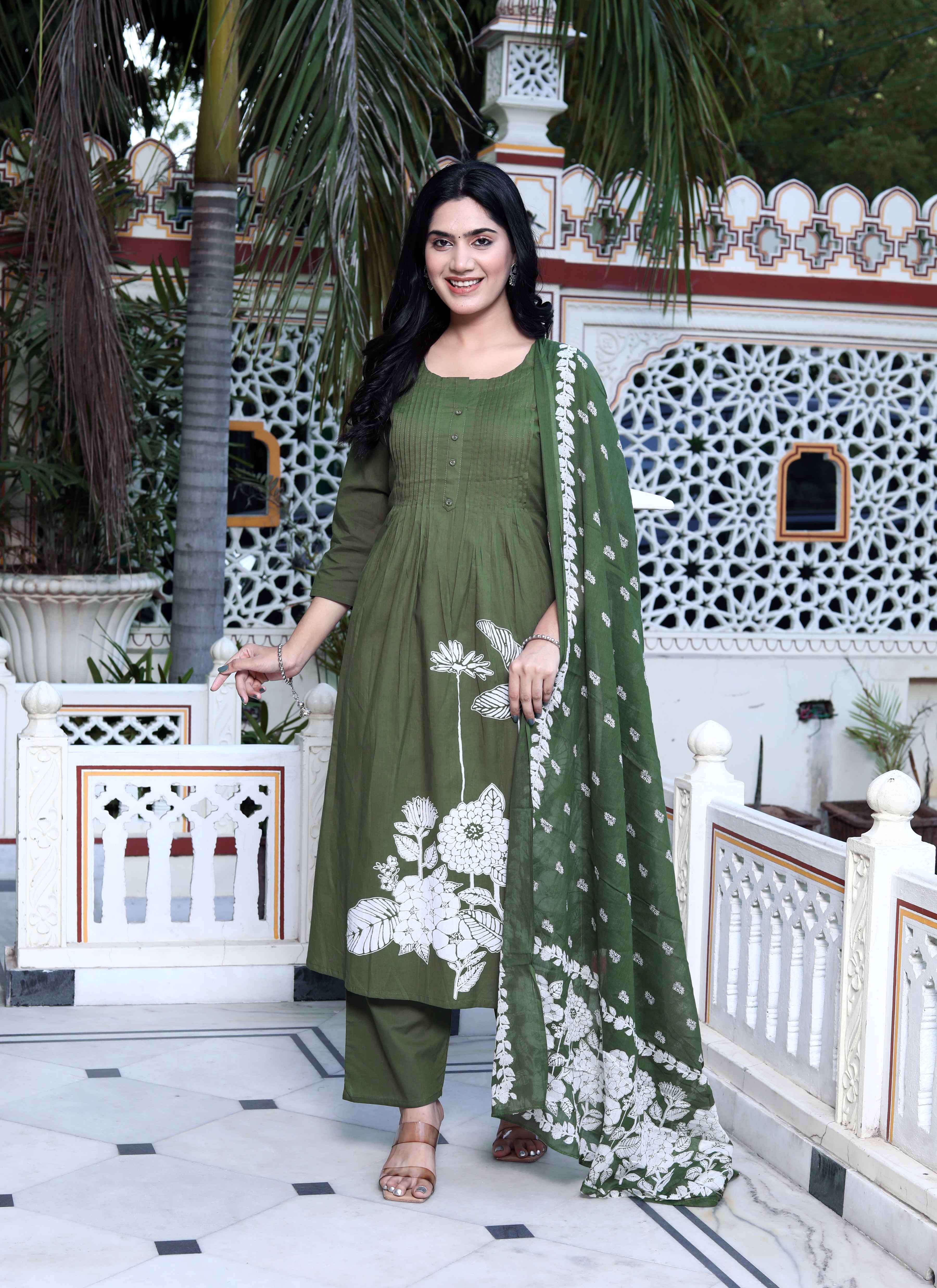 Mehandi Floral Cotton Kurta with Palazzo & Dupatta Set