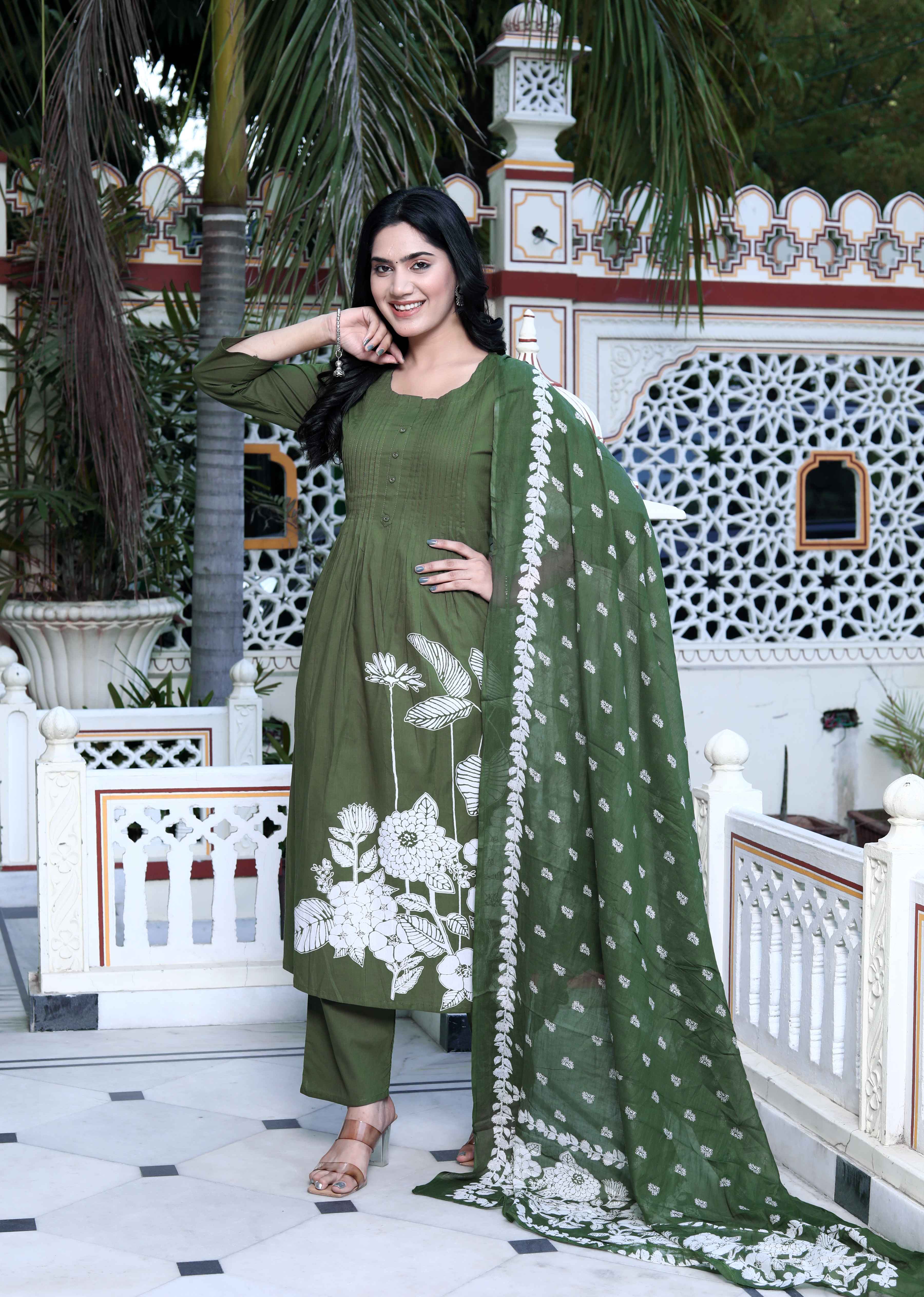 Mehandi Floral Cotton Kurta with Palazzo & Dupatta Set