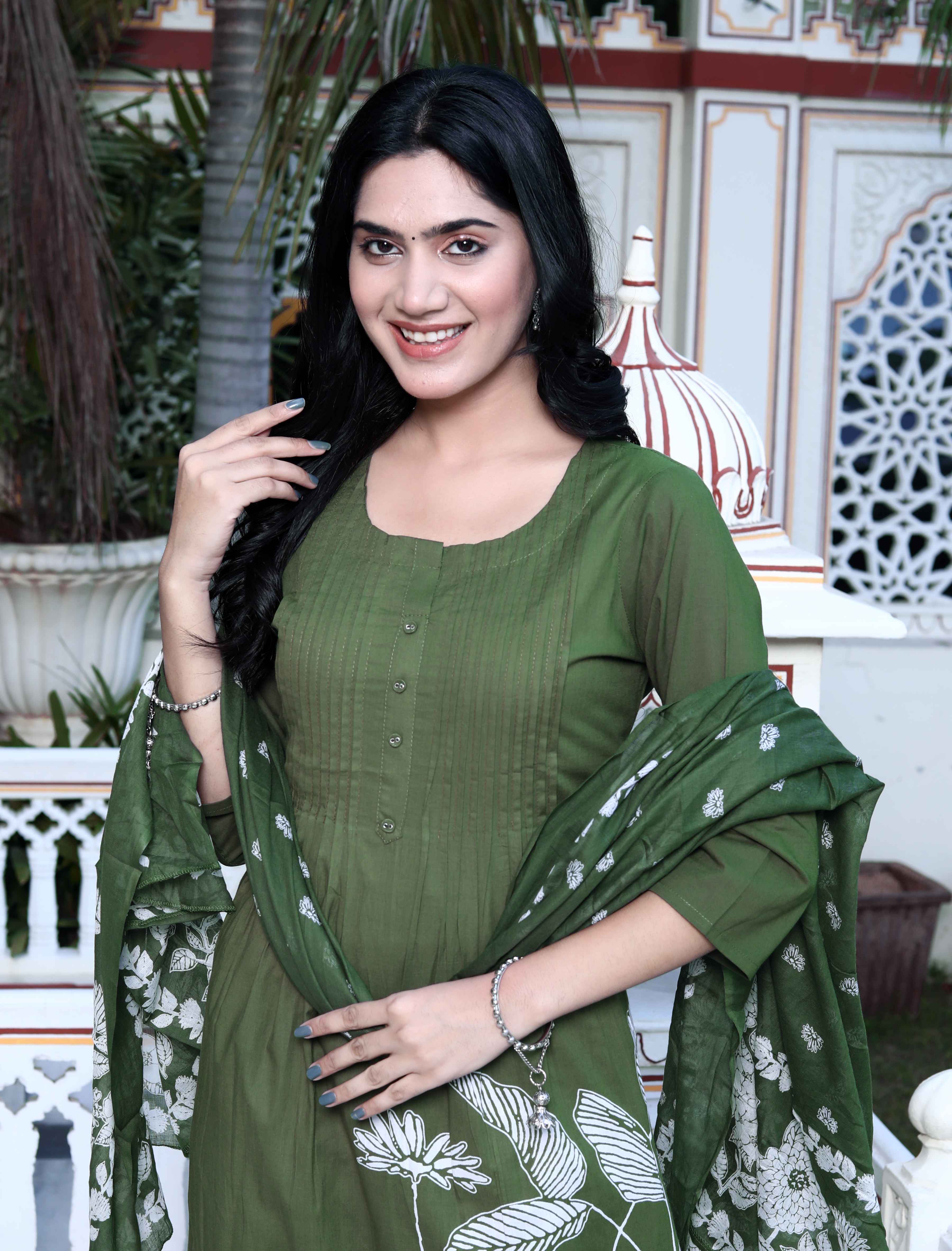 Mehandi Floral Cotton Kurta with Palazzo & Dupatta Set