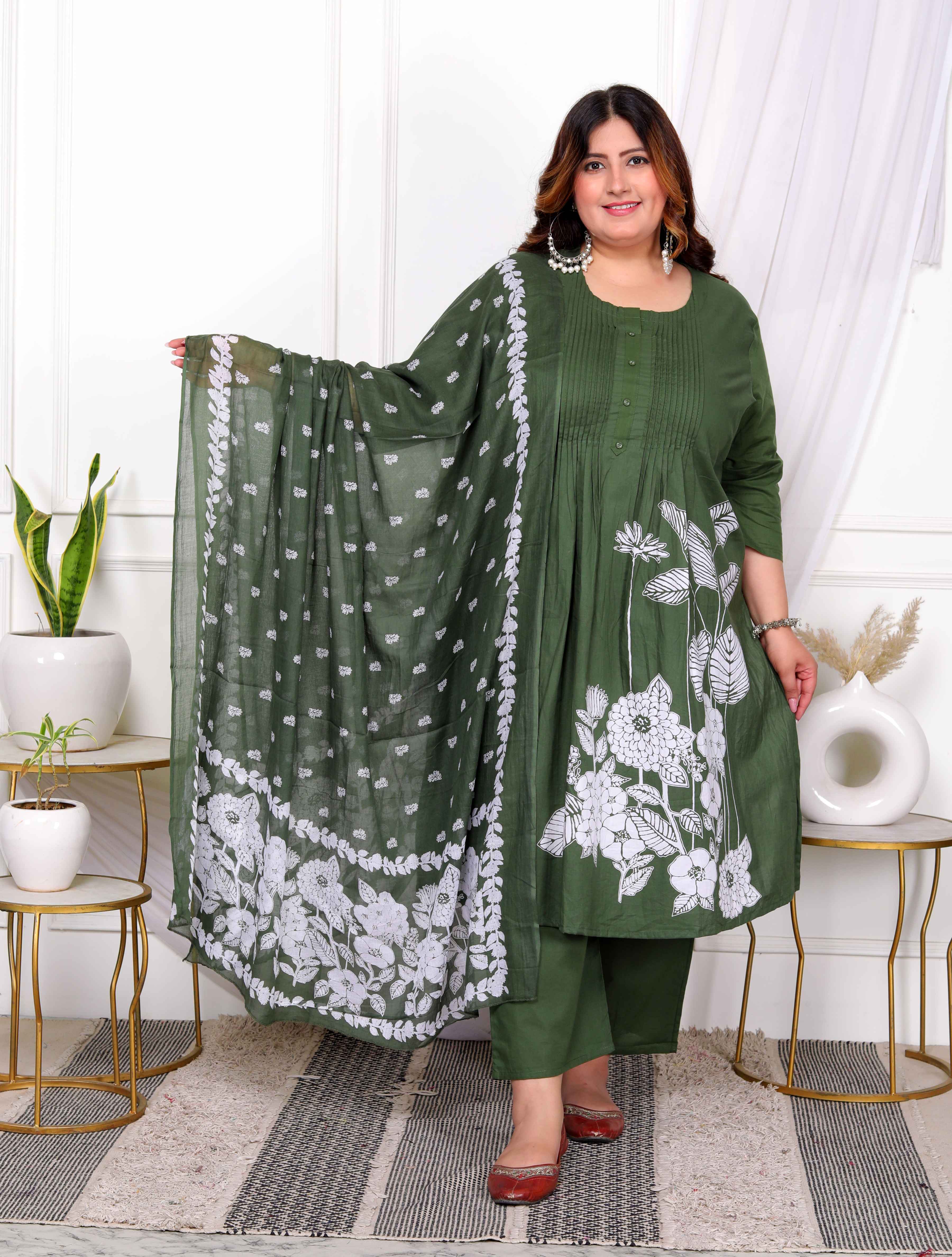 Mehandi Floral Pintuck Cotton Kurta Palazzo with Dupatta Set