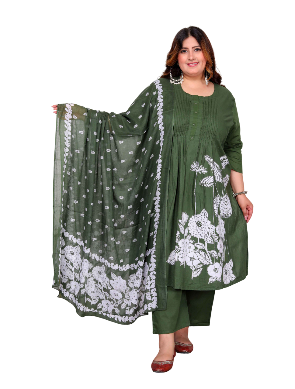 Mehandi Floral Pintuck Cotton Kurta Palazzo with Dupatta Set