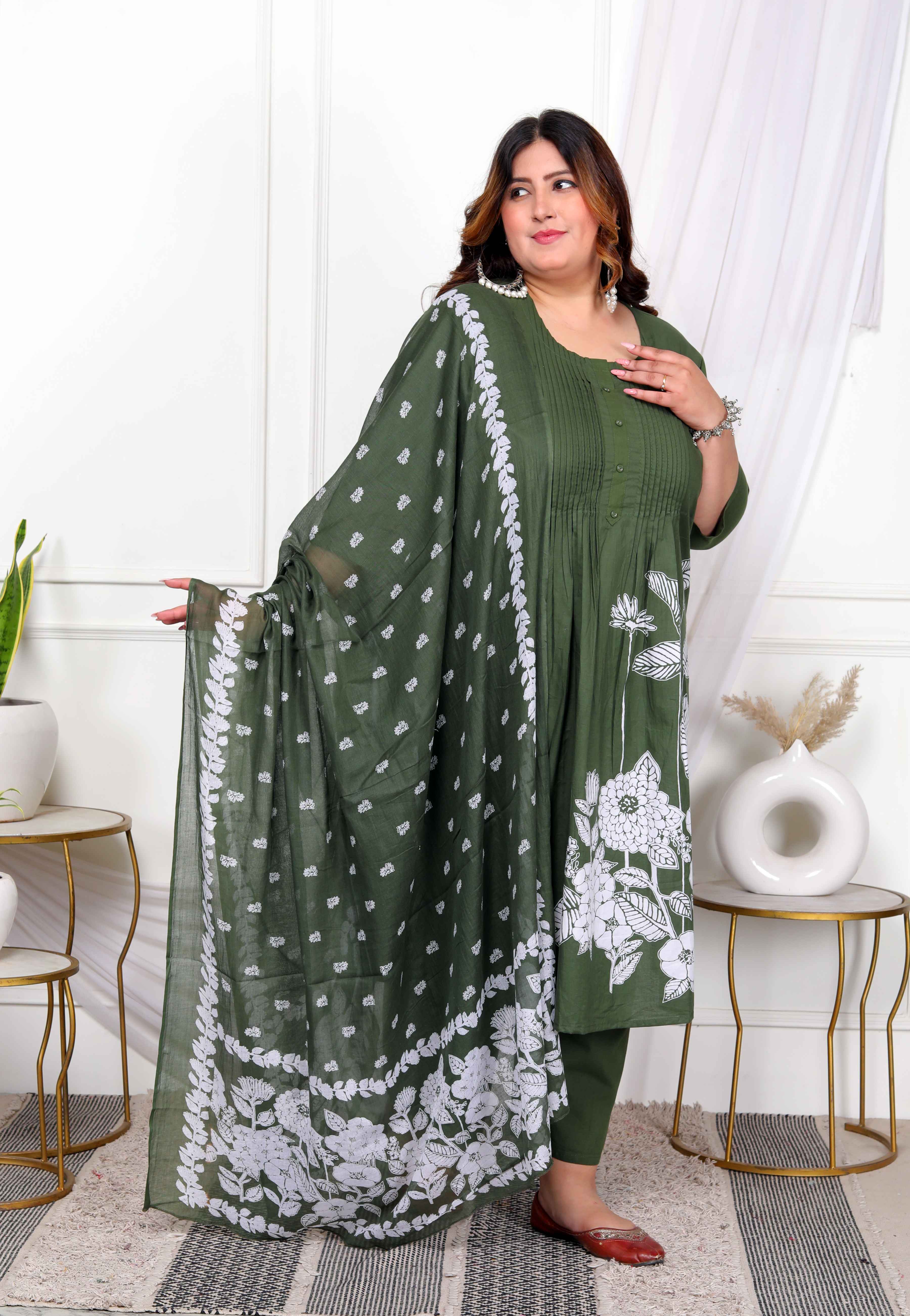 Mehandi Floral Pintuck Cotton Kurta Palazzo with Dupatta Set