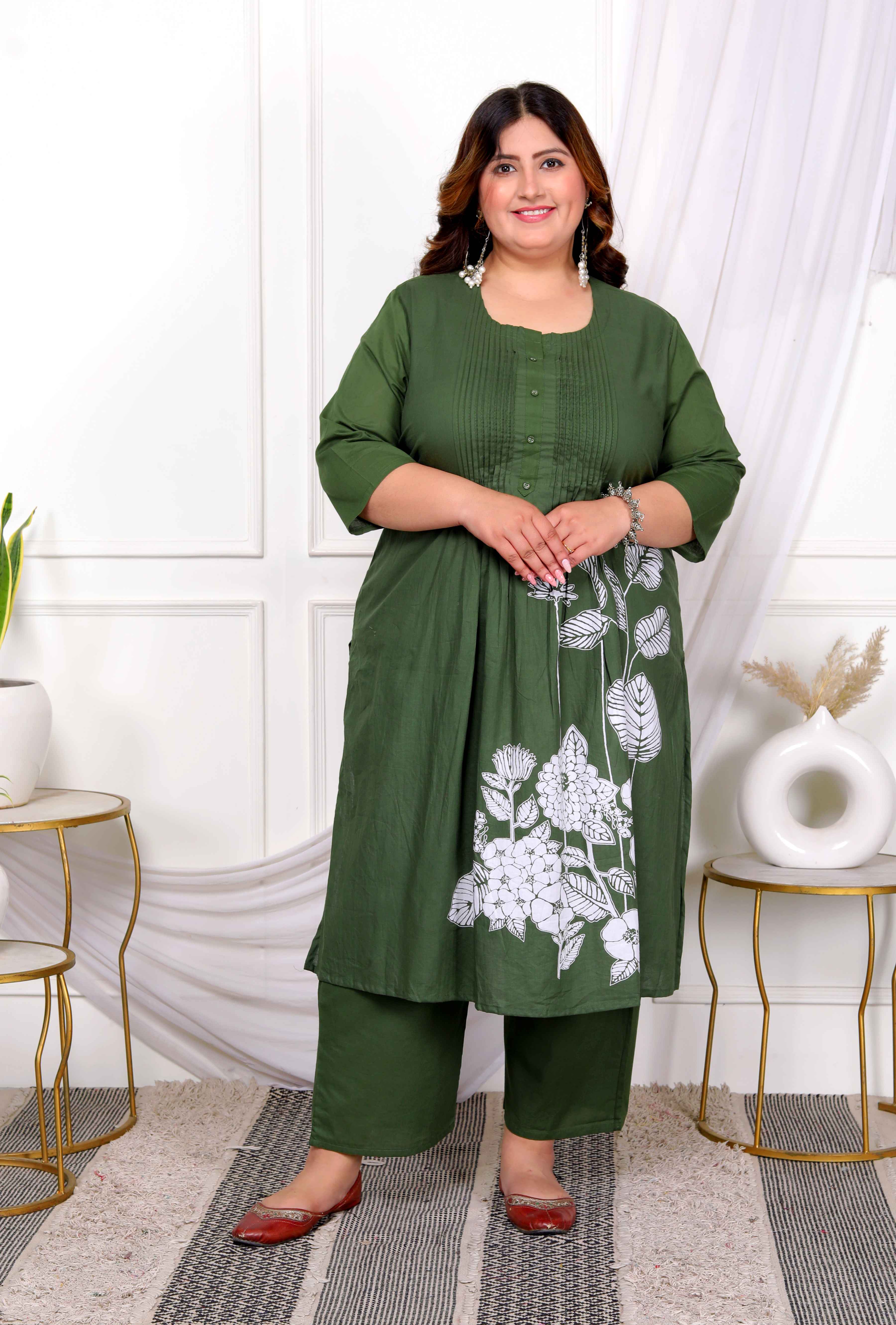 Mehandi Floral Pintuck Cotton Kurta Palazzo with Dupatta Set