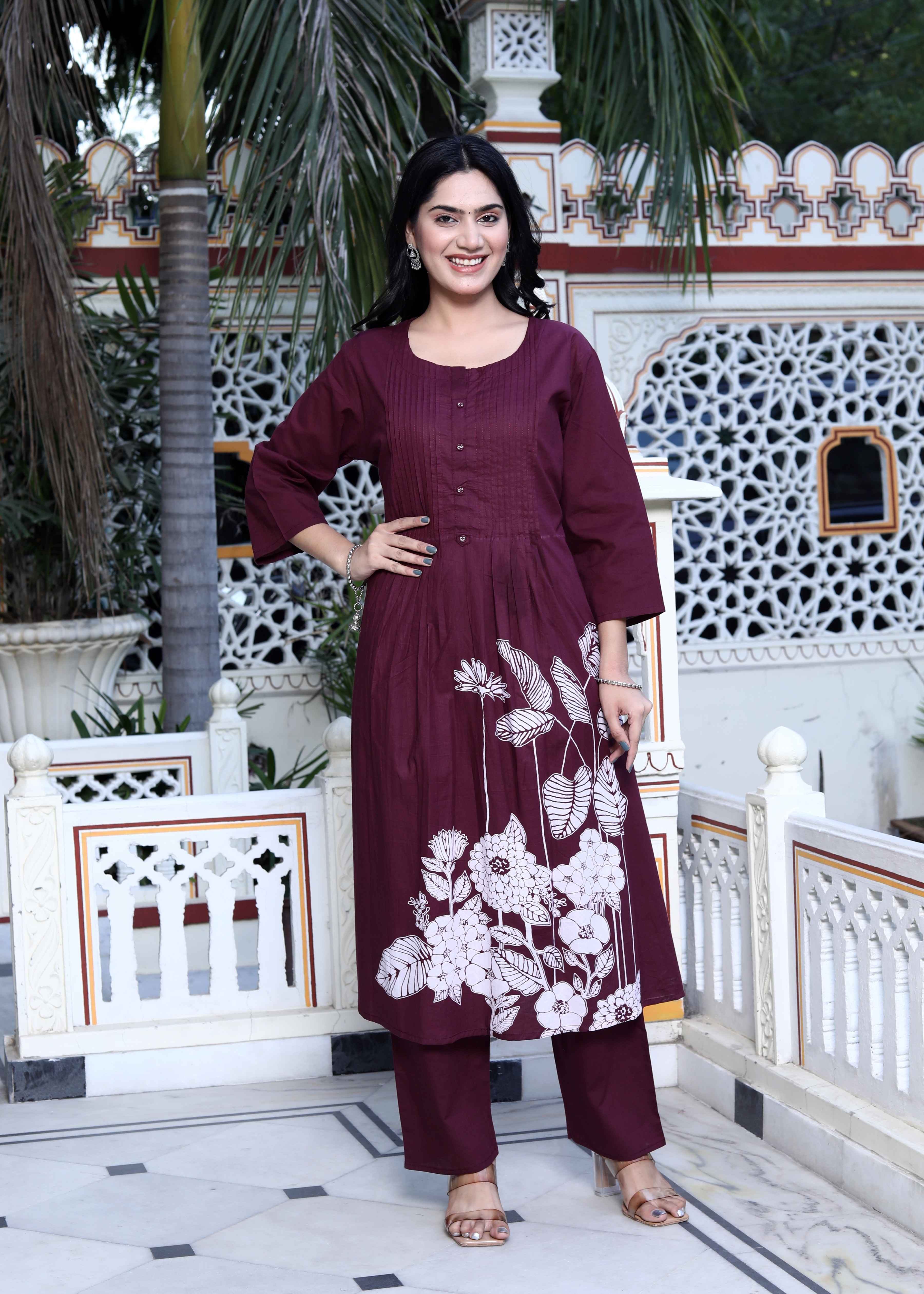 Womens Wine pure cotton floral printed Kurta and palazzo set
