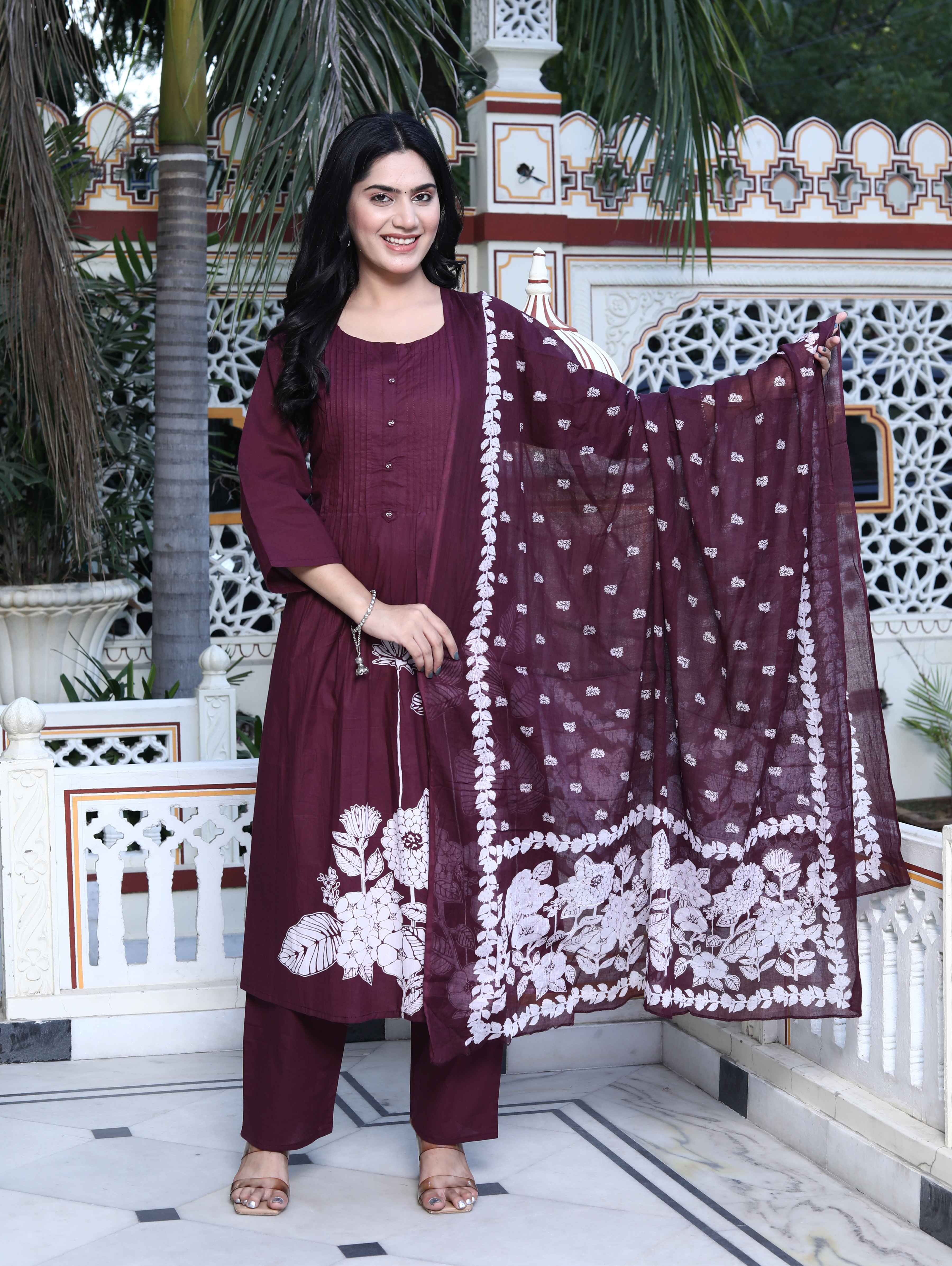 Wine Floral Cotton Kurta with Palazzo & Dupatta Set