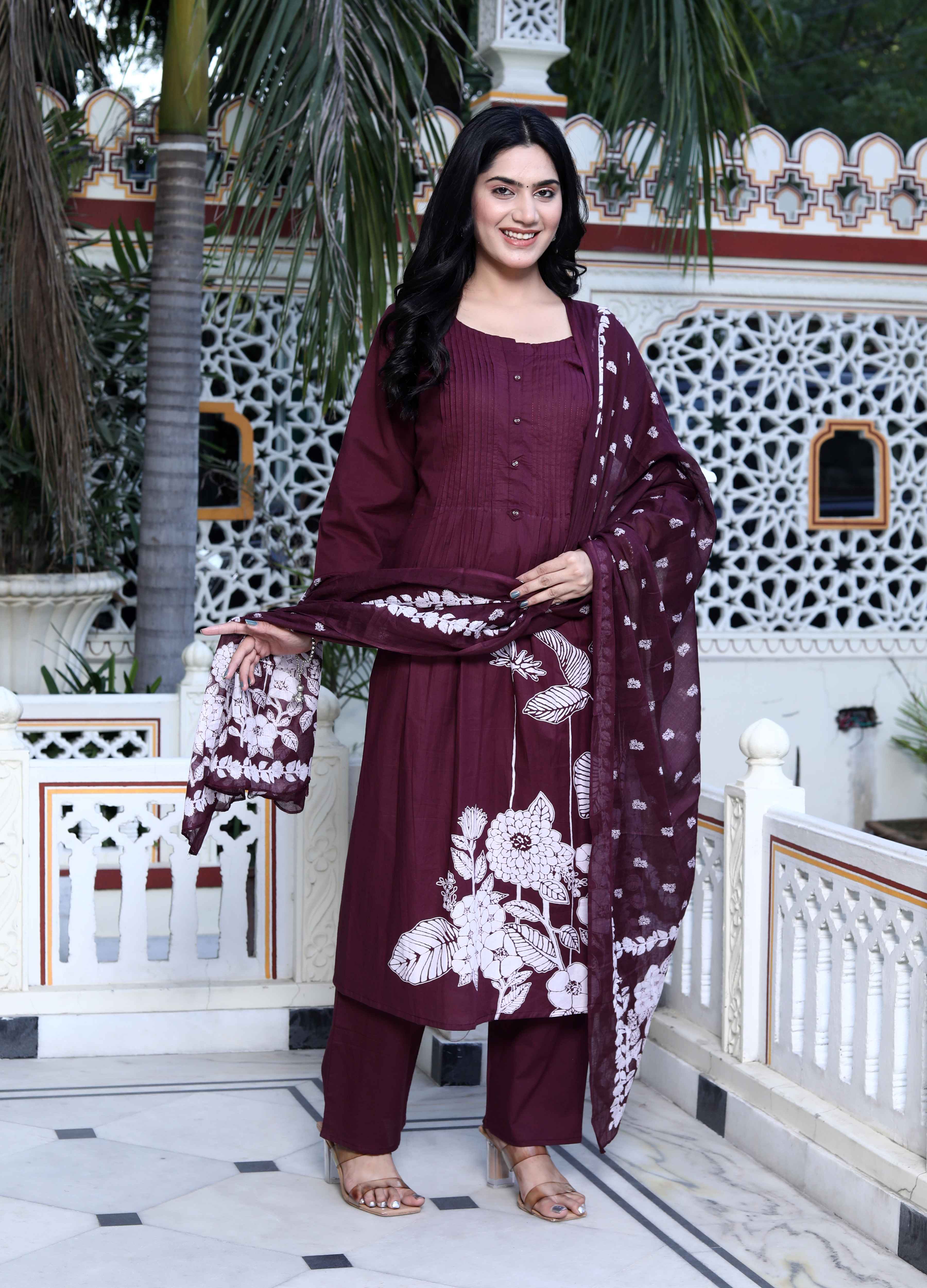 Wine Floral Cotton Kurta with Palazzo & Dupatta Set