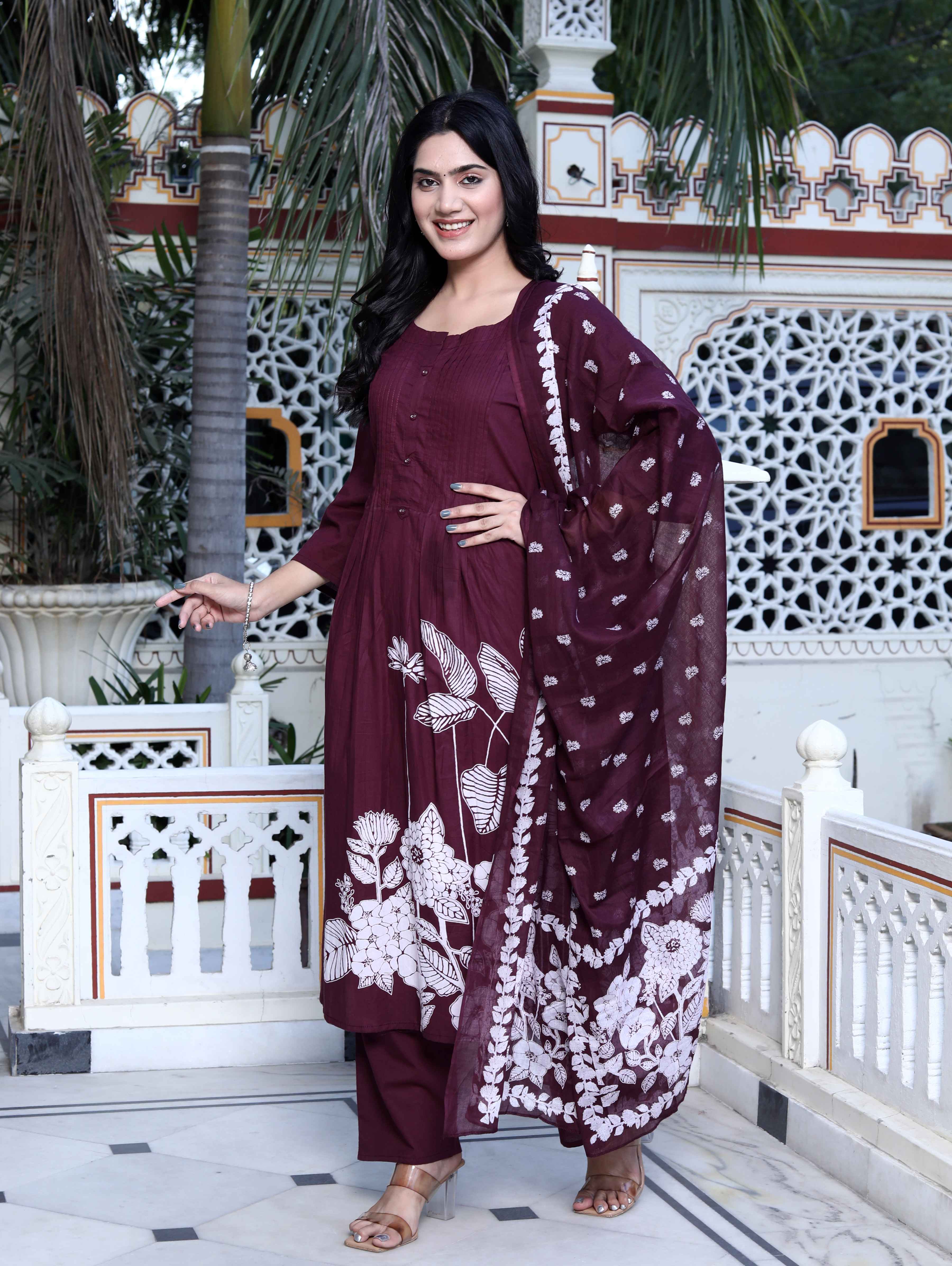 Wine Floral Cotton Kurta with Palazzo & Dupatta Set