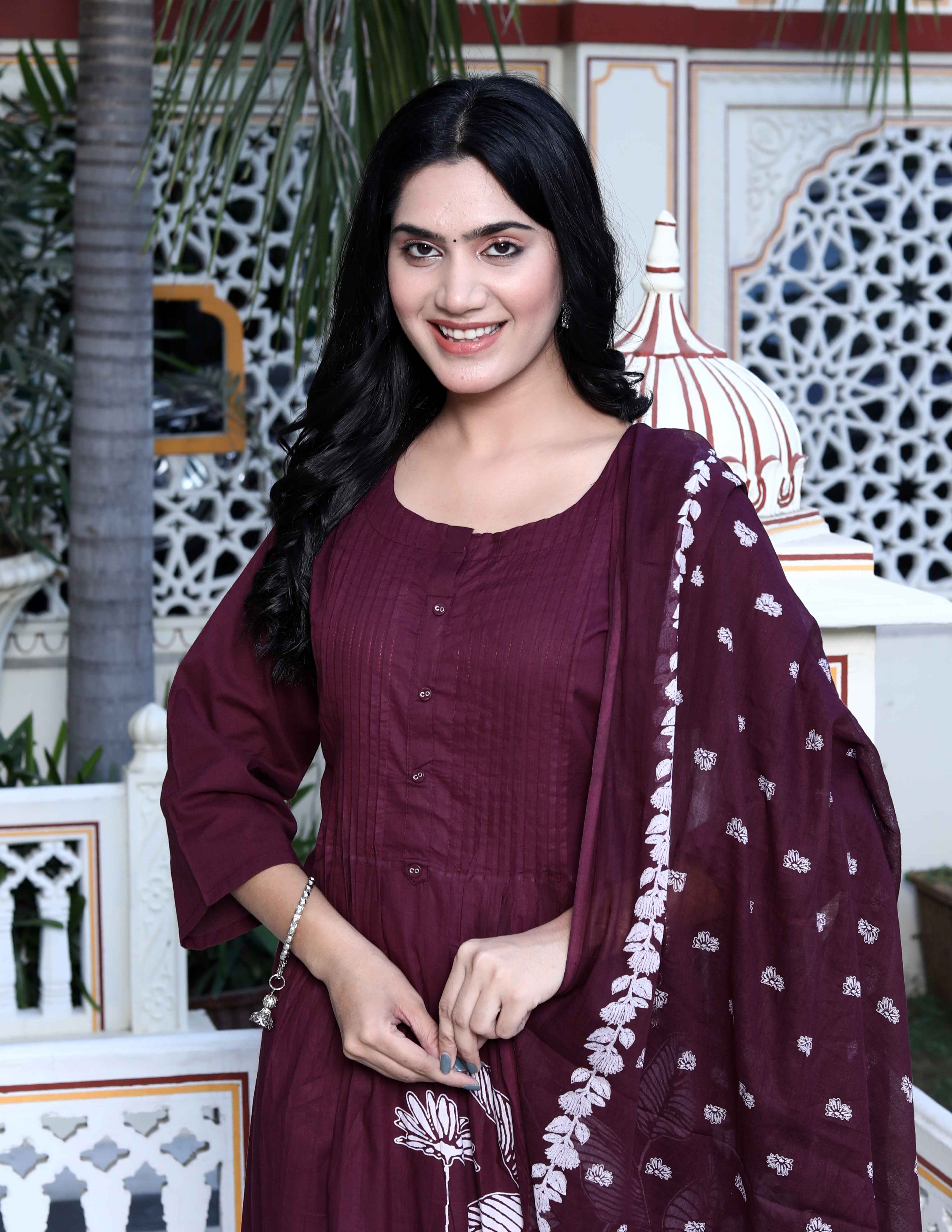 Wine Floral Cotton Kurta with Palazzo & Dupatta Set