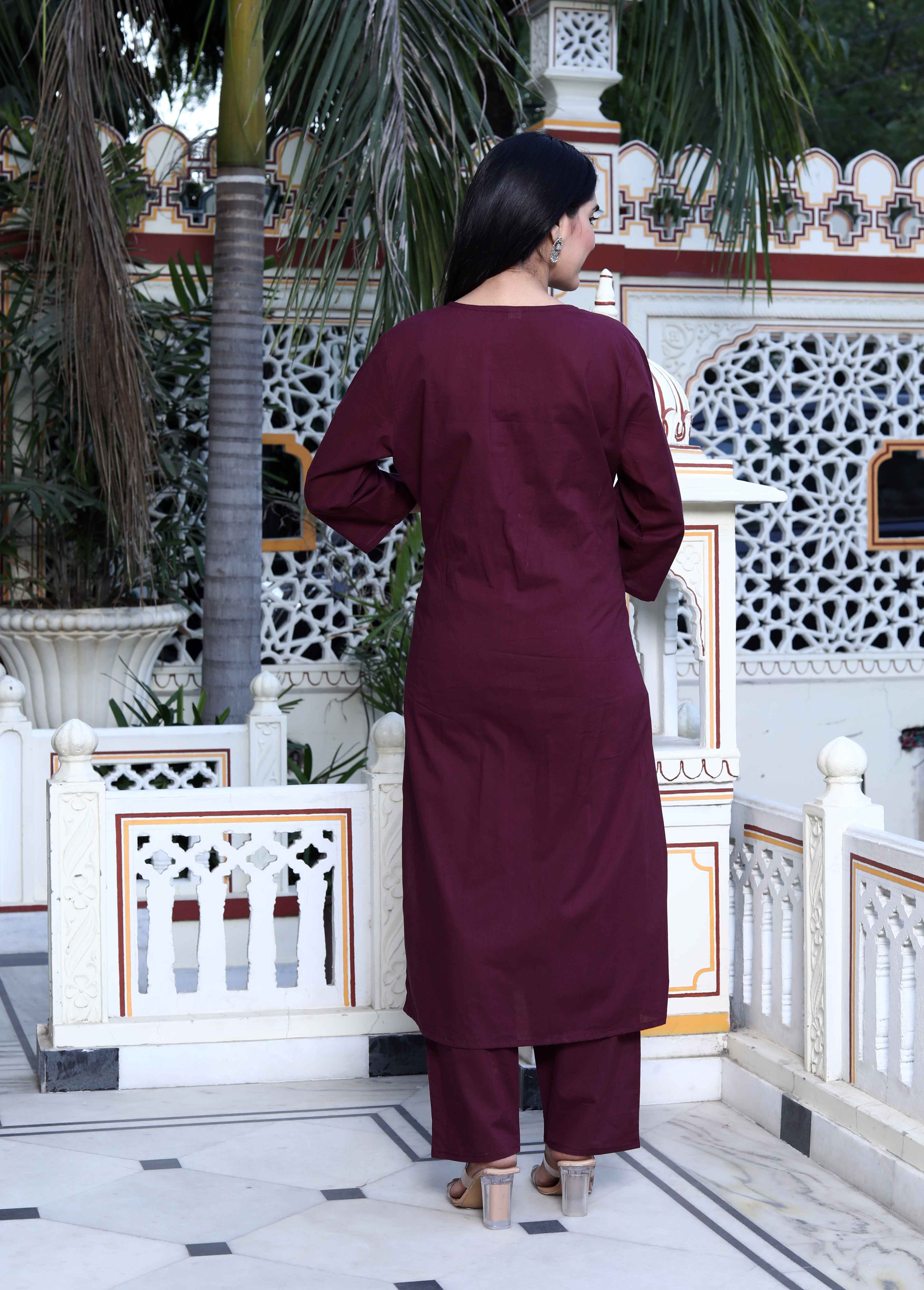 Wine Floral Cotton Kurta with Palazzo & Dupatta Set
