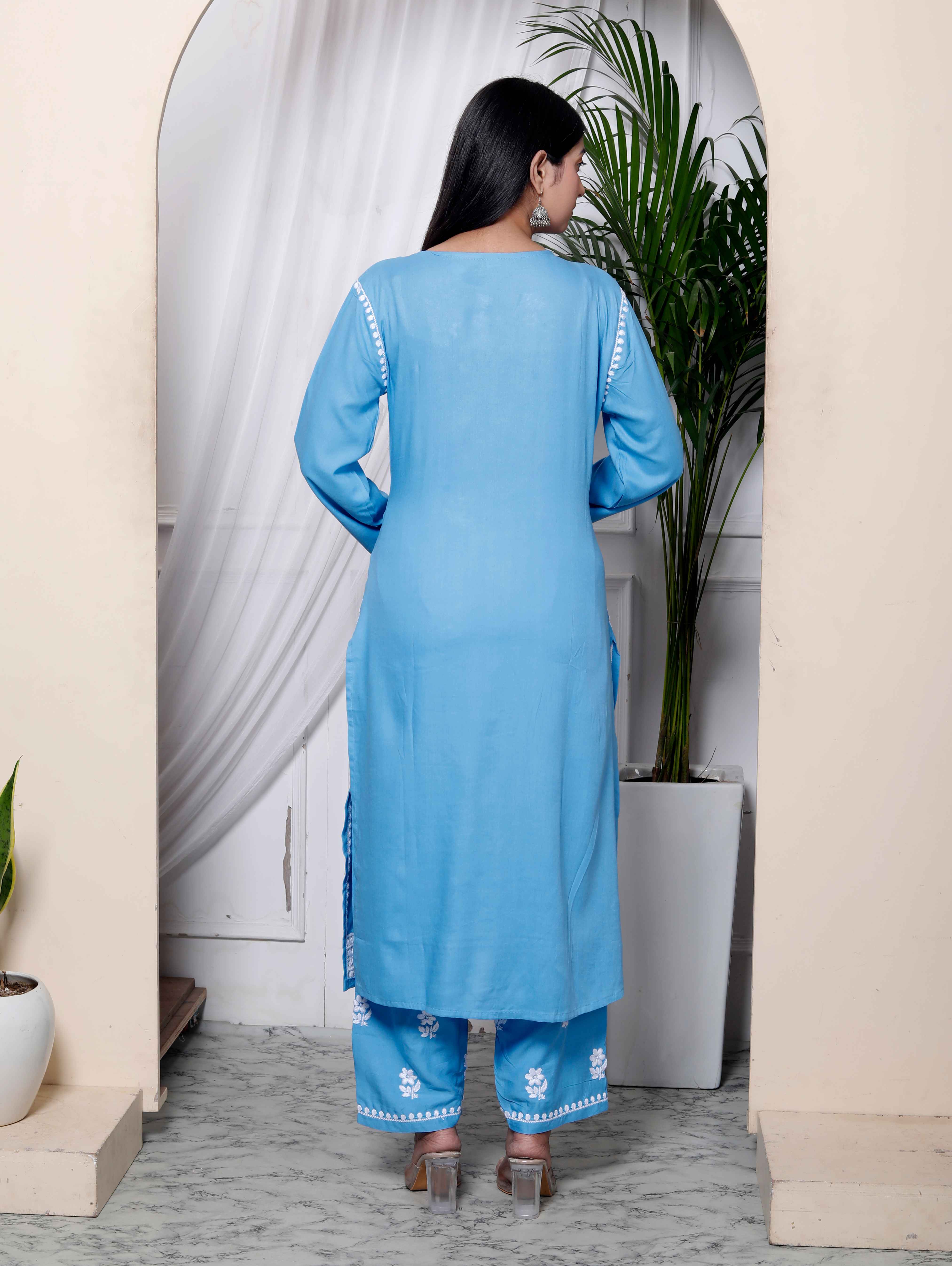 Sky Blue Chikankari Embroidered Straight Kurta with Palazzo Set