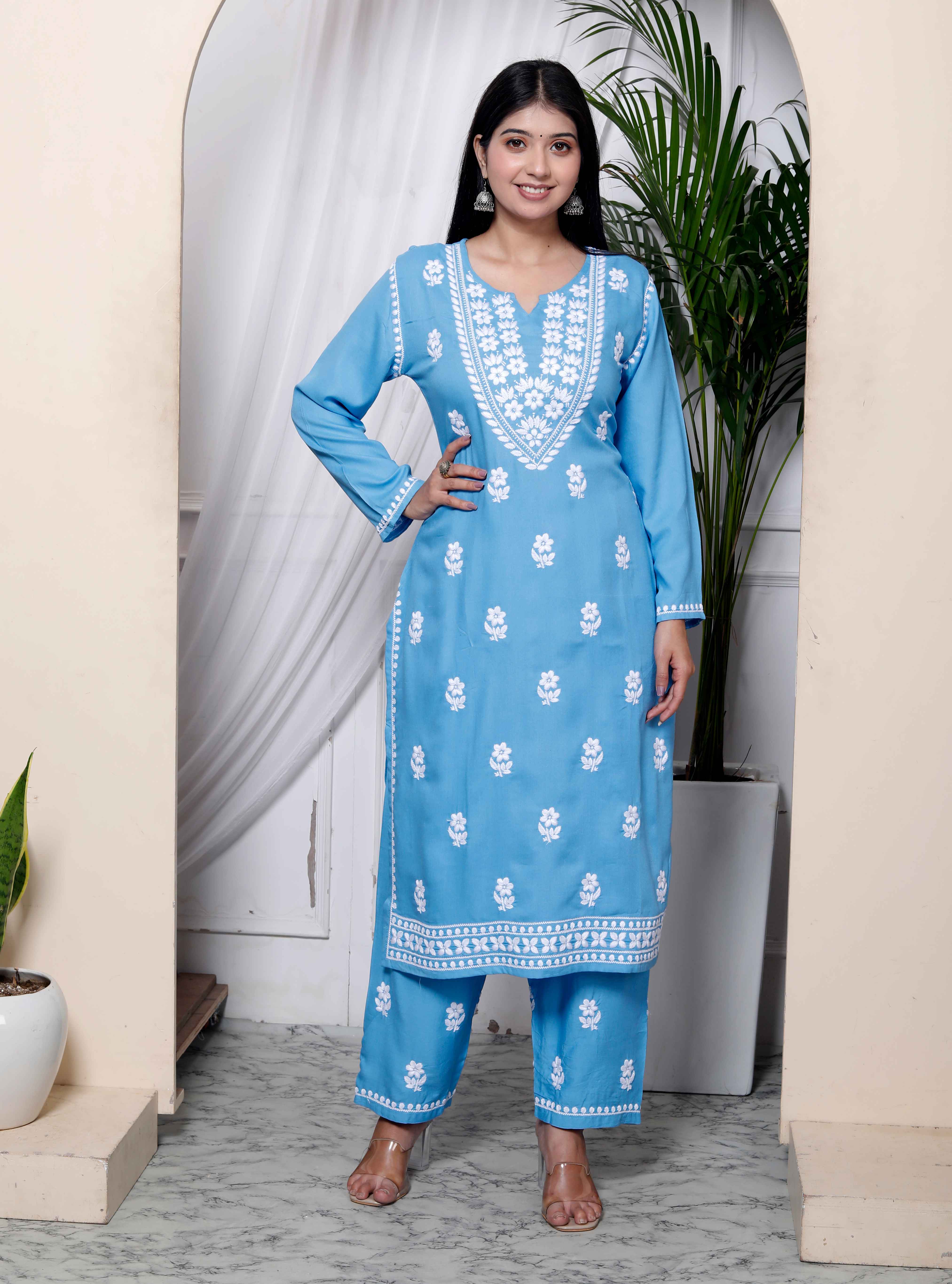 Sky Blue Chikankari Embroidered Straight Kurta with Palazzo Set