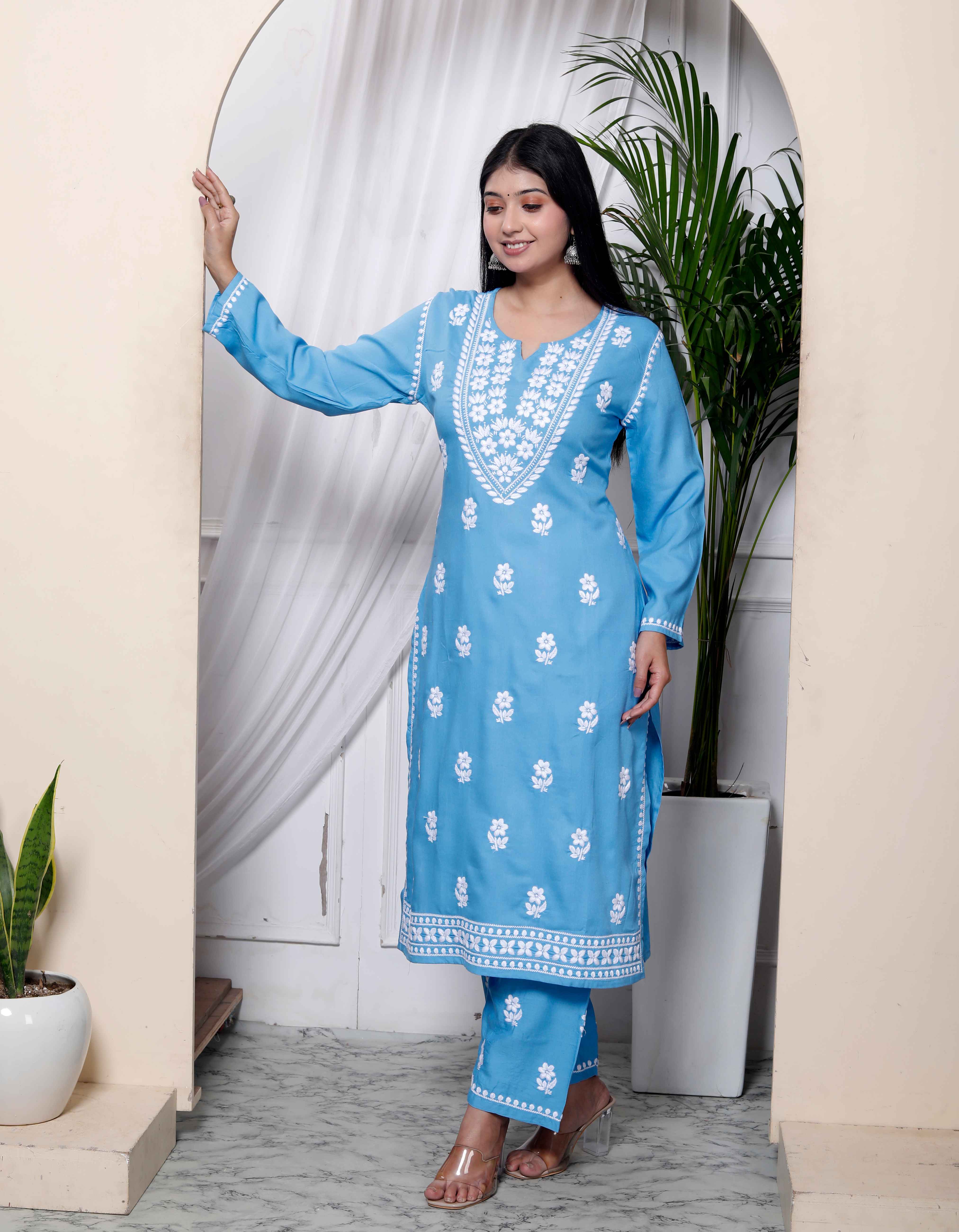 Sky Blue Chikankari Embroidered Straight Kurta with Palazzo Set