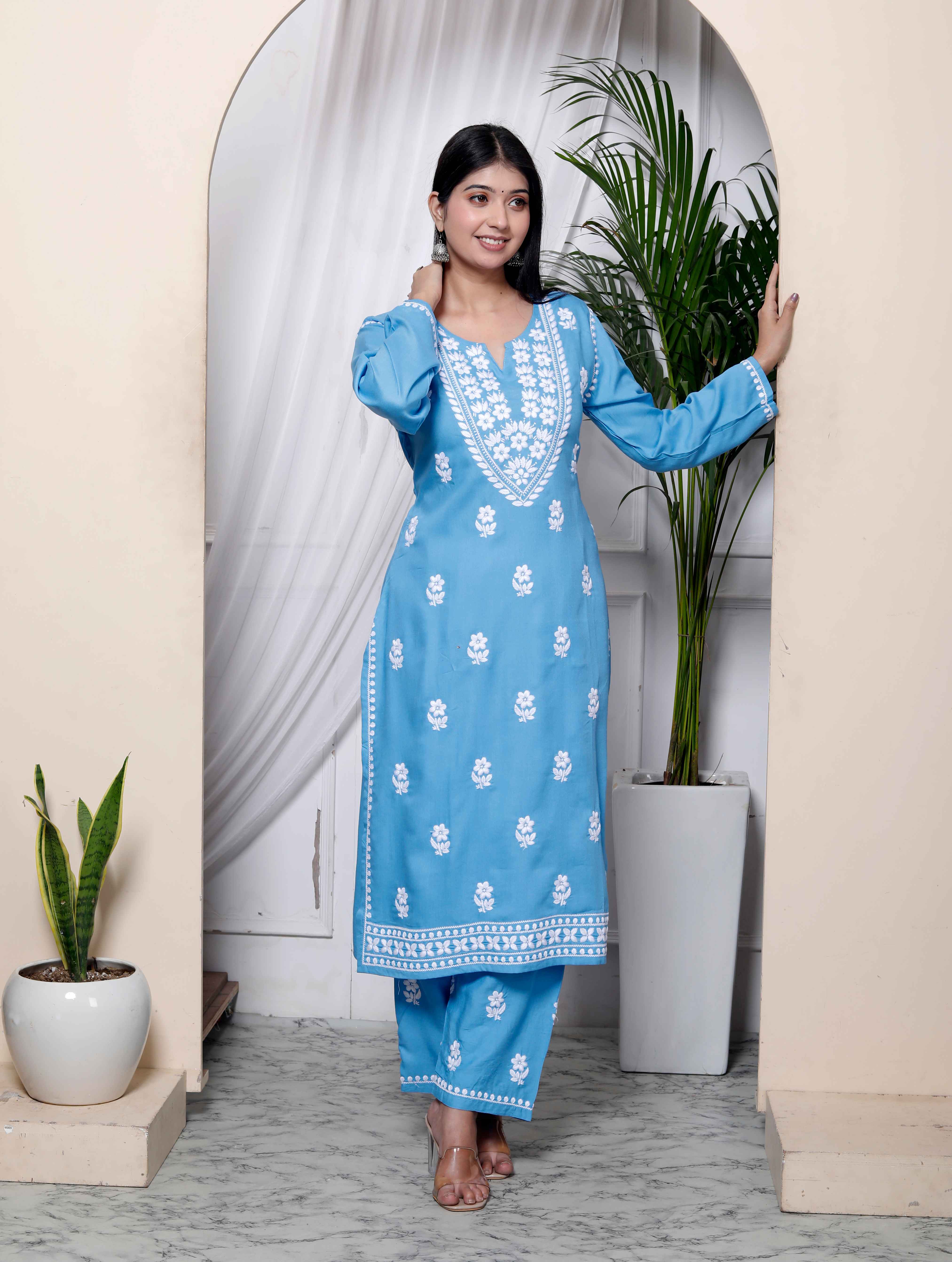 Sky Blue Chikankari Embroidered Straight Kurta with Palazzo Set