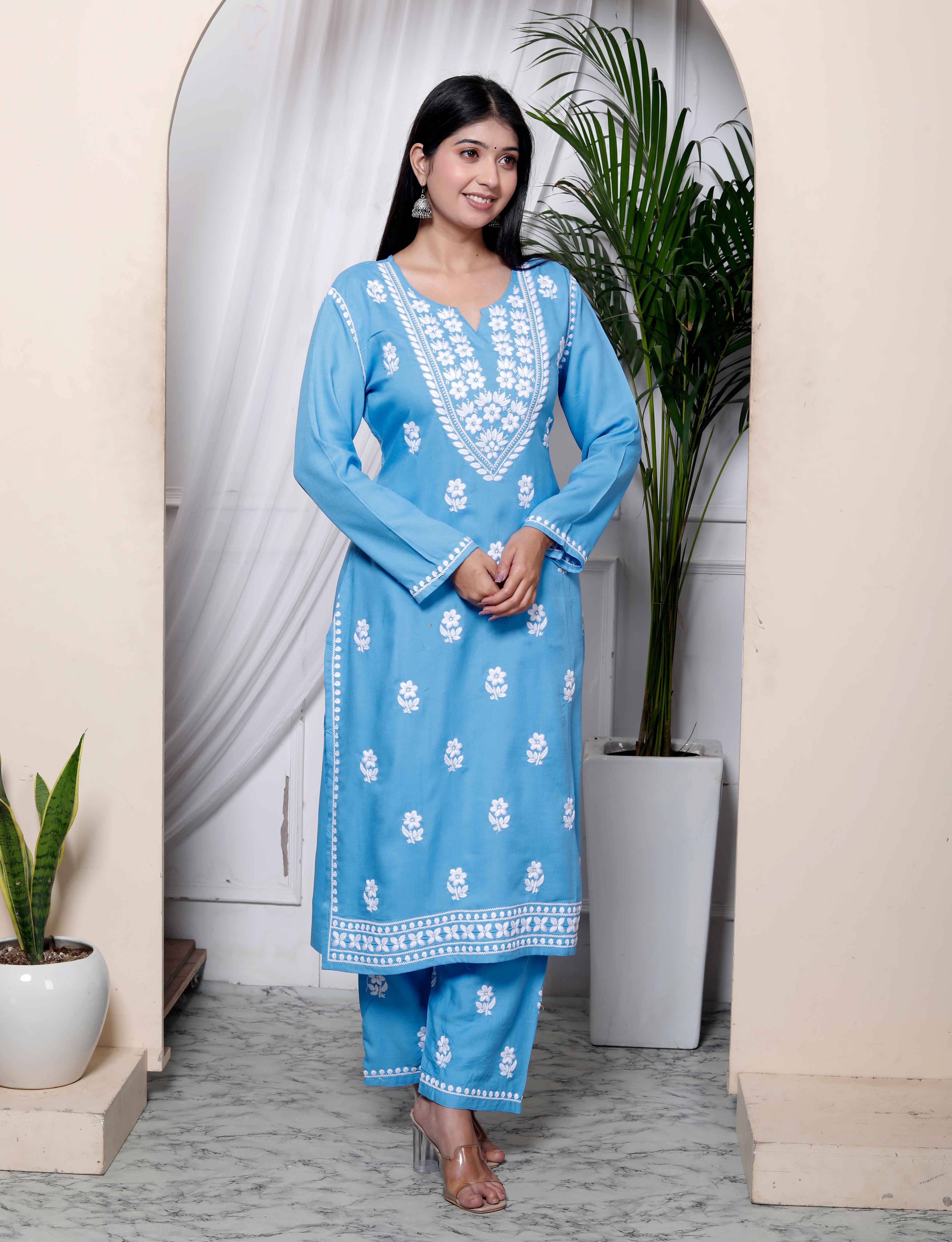 Sky Blue Chikankari Embroidered Straight Kurta with Palazzo Set
