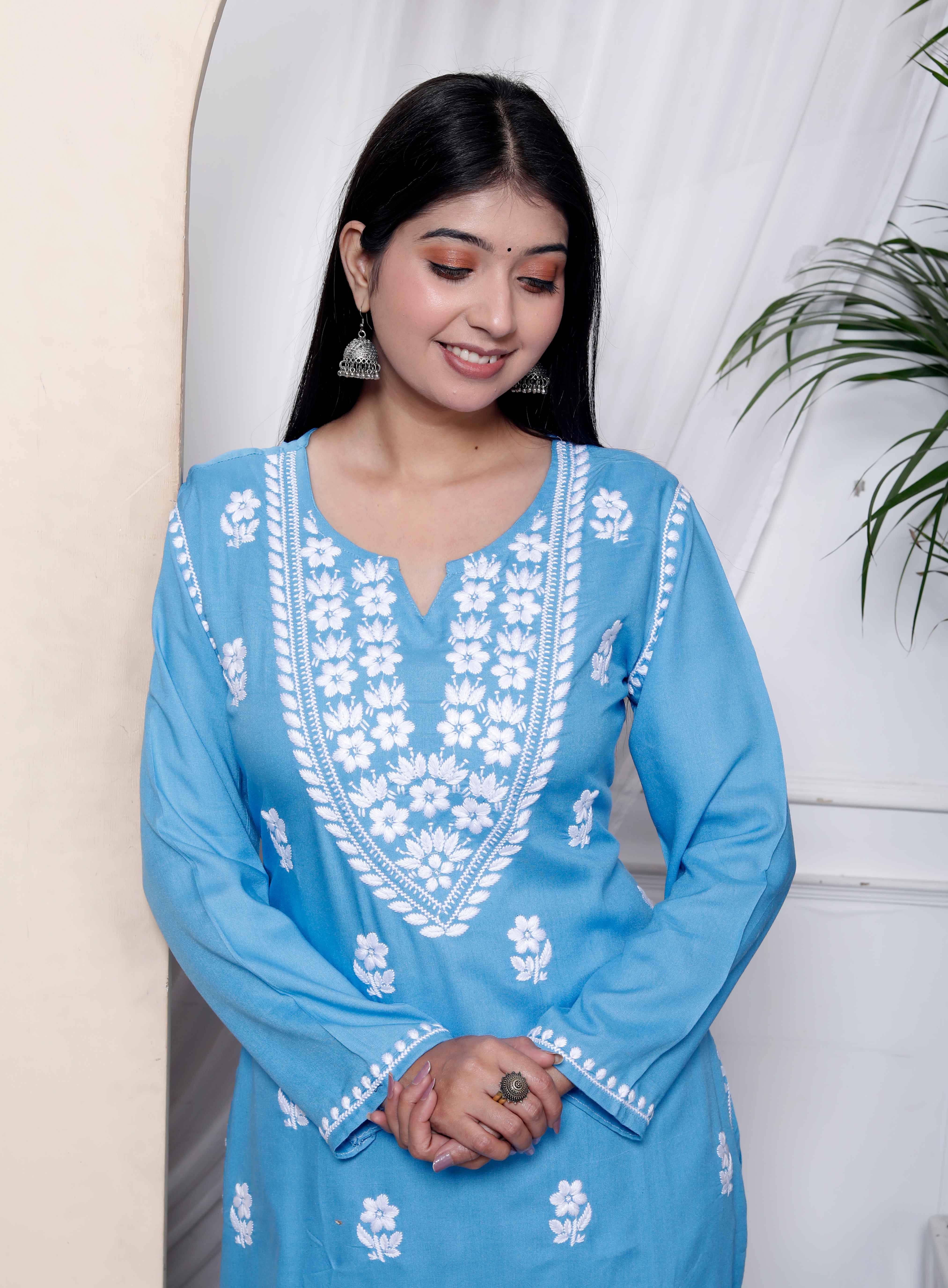 Sky Blue Chikankari Embroidered Straight Kurta with Palazzo Set