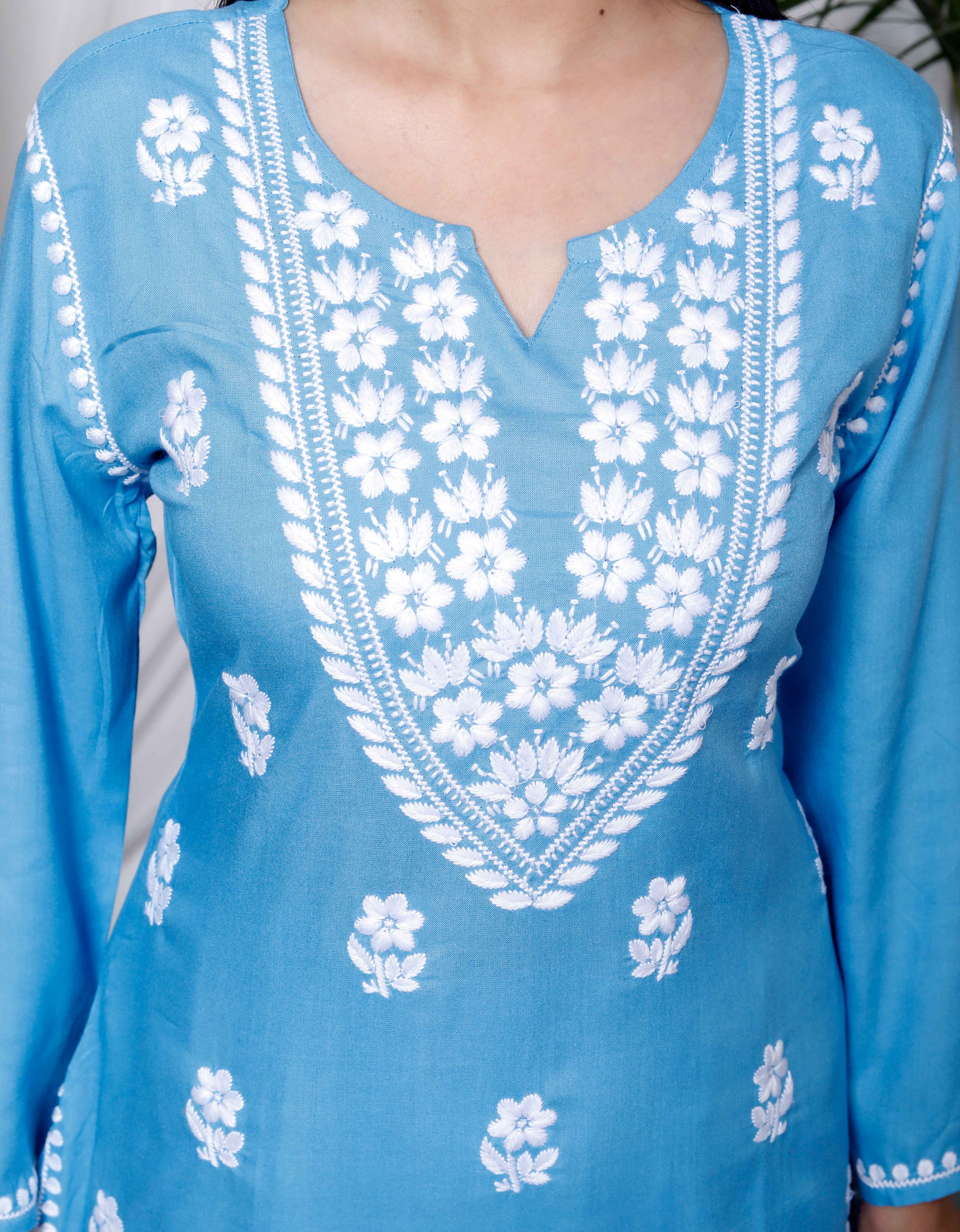 Sky Blue Chikankari Embroidered Straight Kurta with Palazzo Set