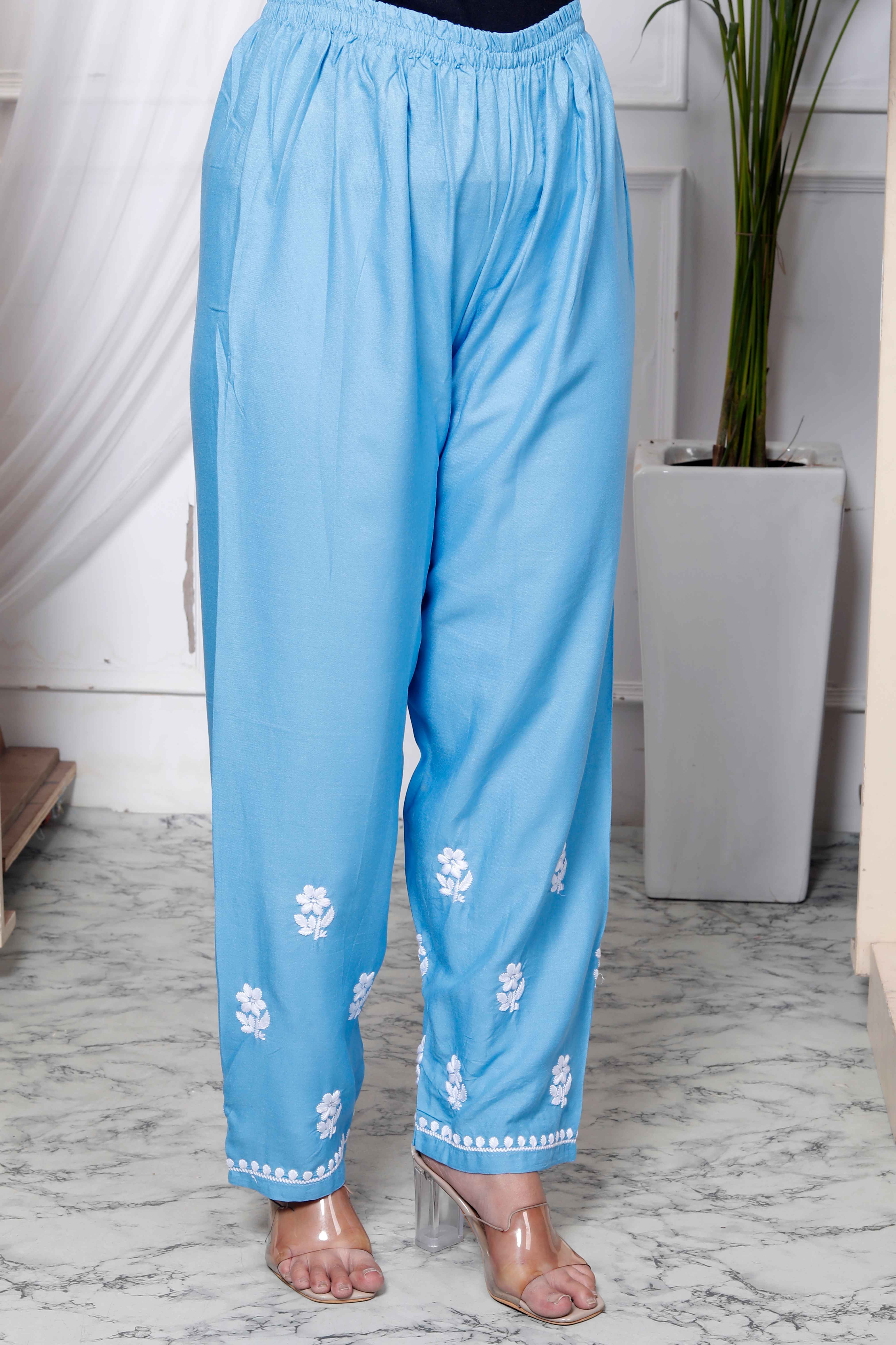 Sky Blue Chikankari Embroidered Straight Kurta with Palazzo Set