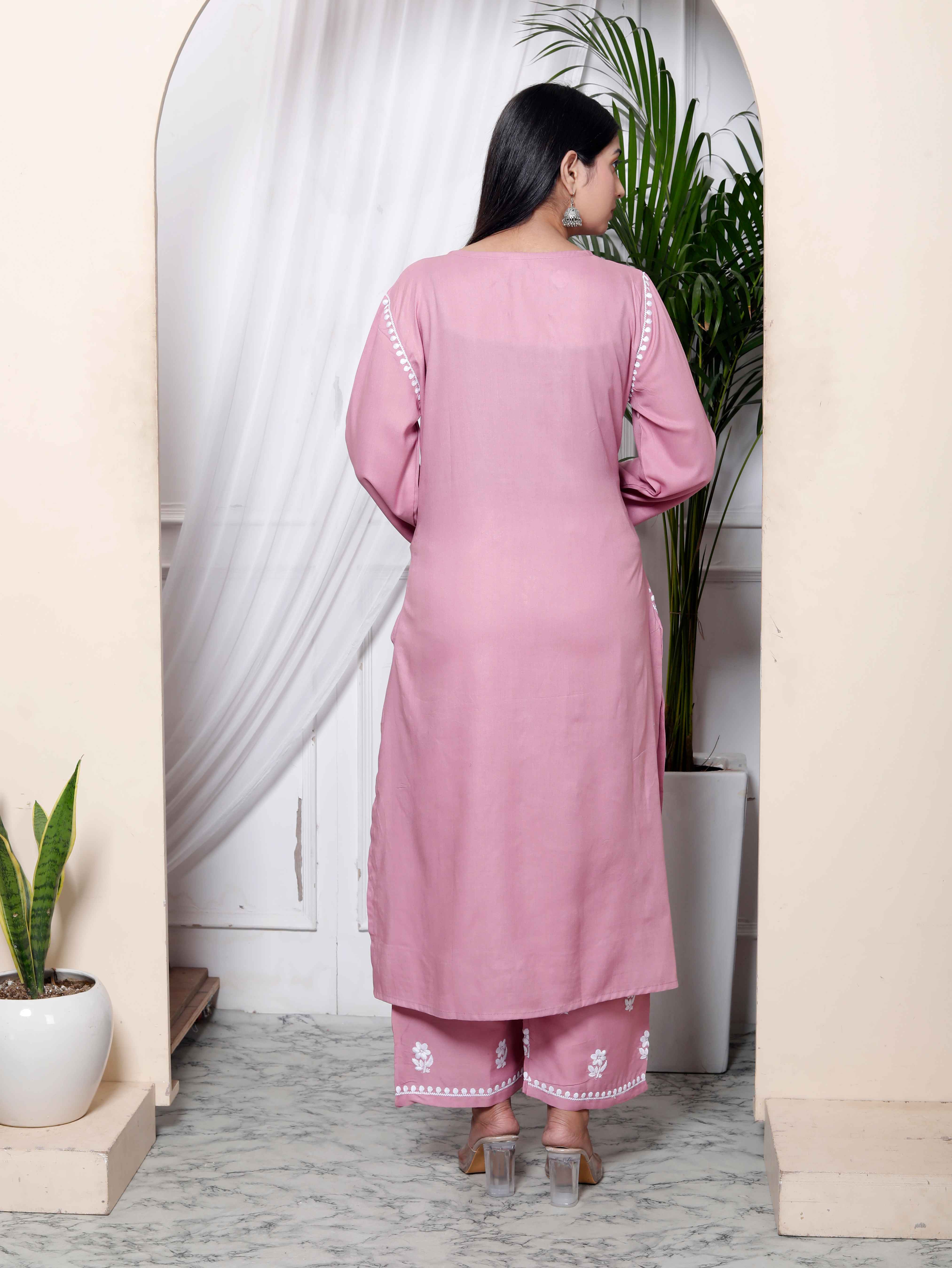 Pink Chikankari Embroidered Straight Kurta with Palazzo Set