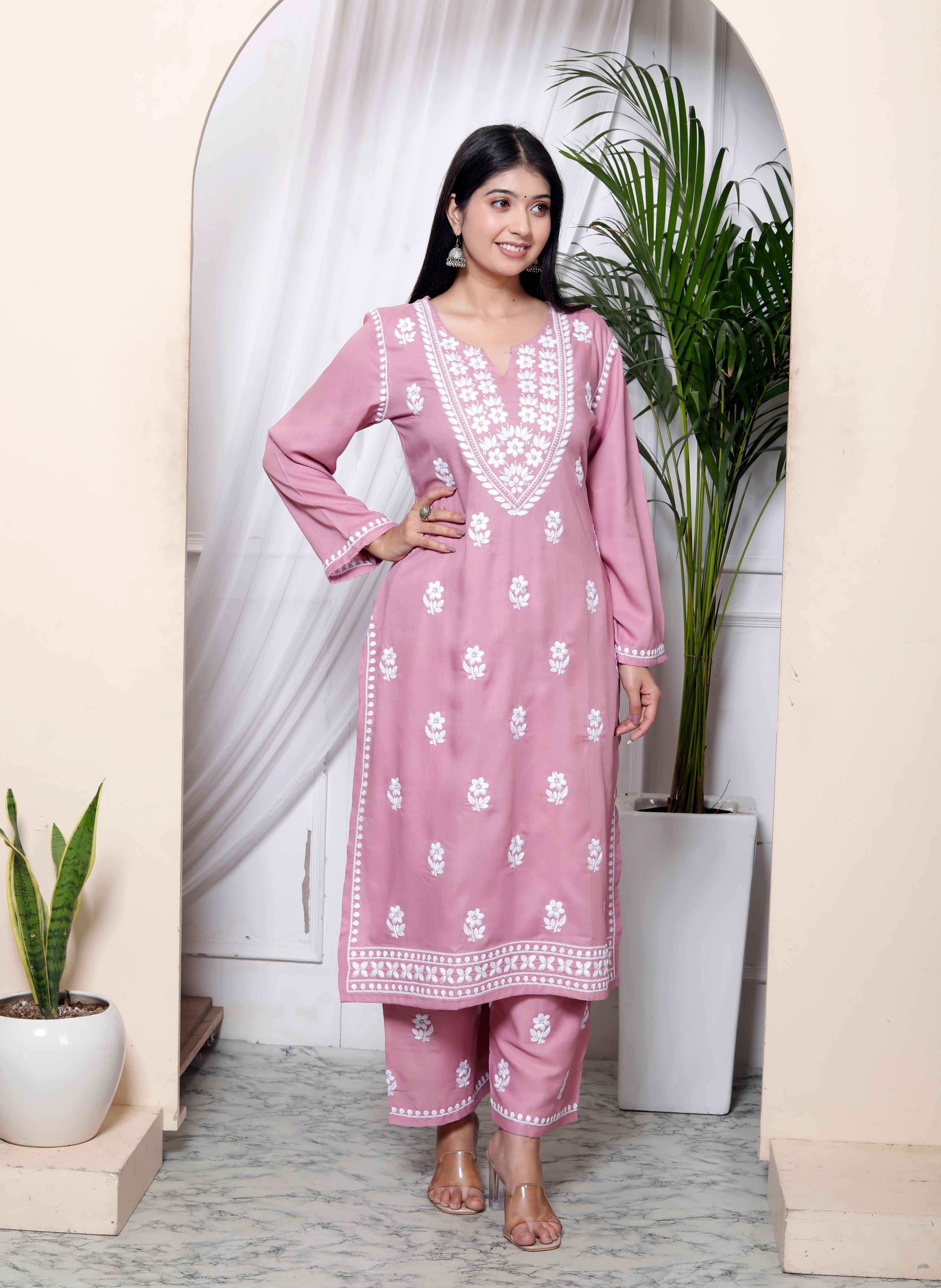Pink Chikankari Embroidered Straight Kurta with Palazzo Set