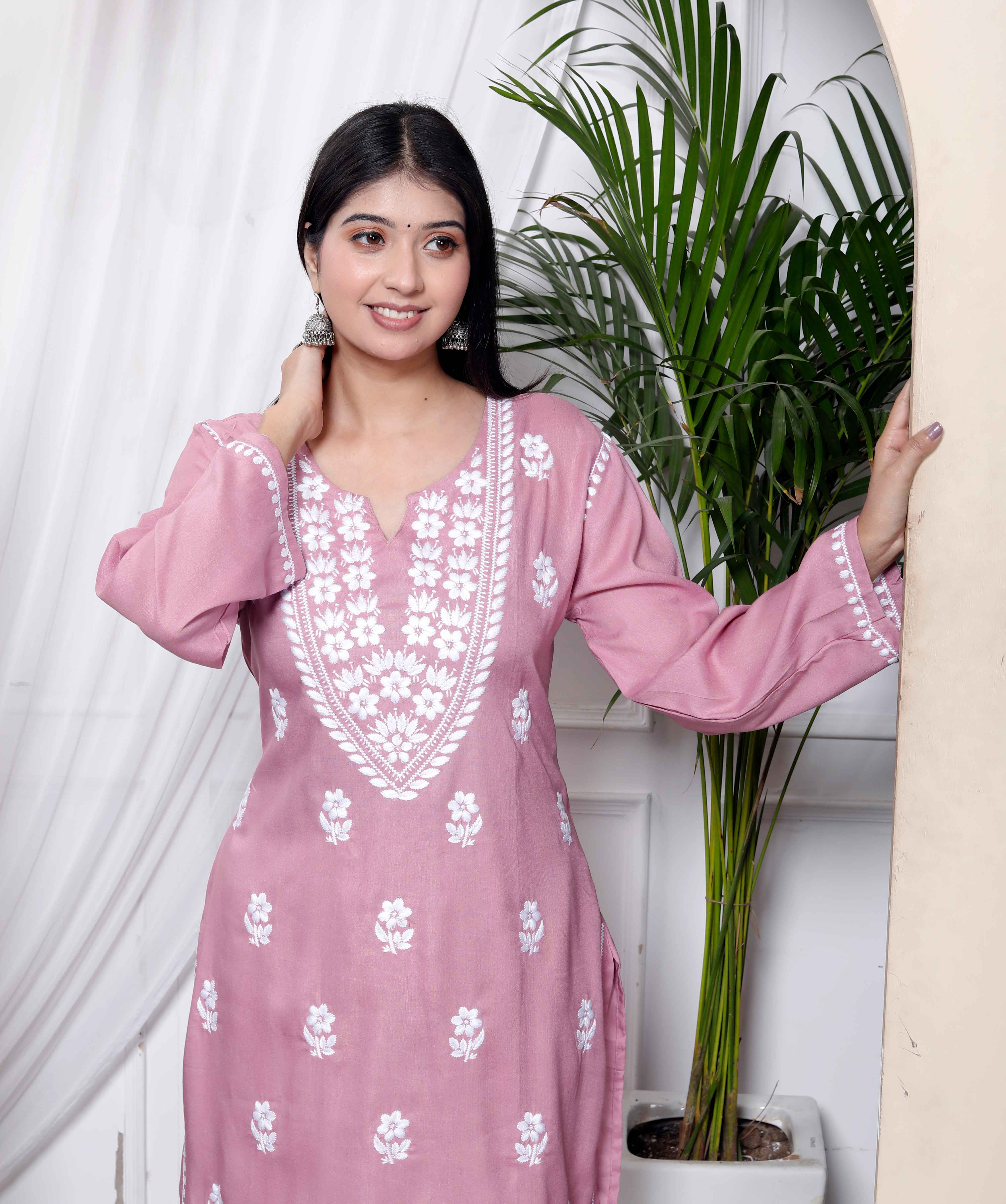 Pink Chikankari Embroidered Straight Kurta with Palazzo Set