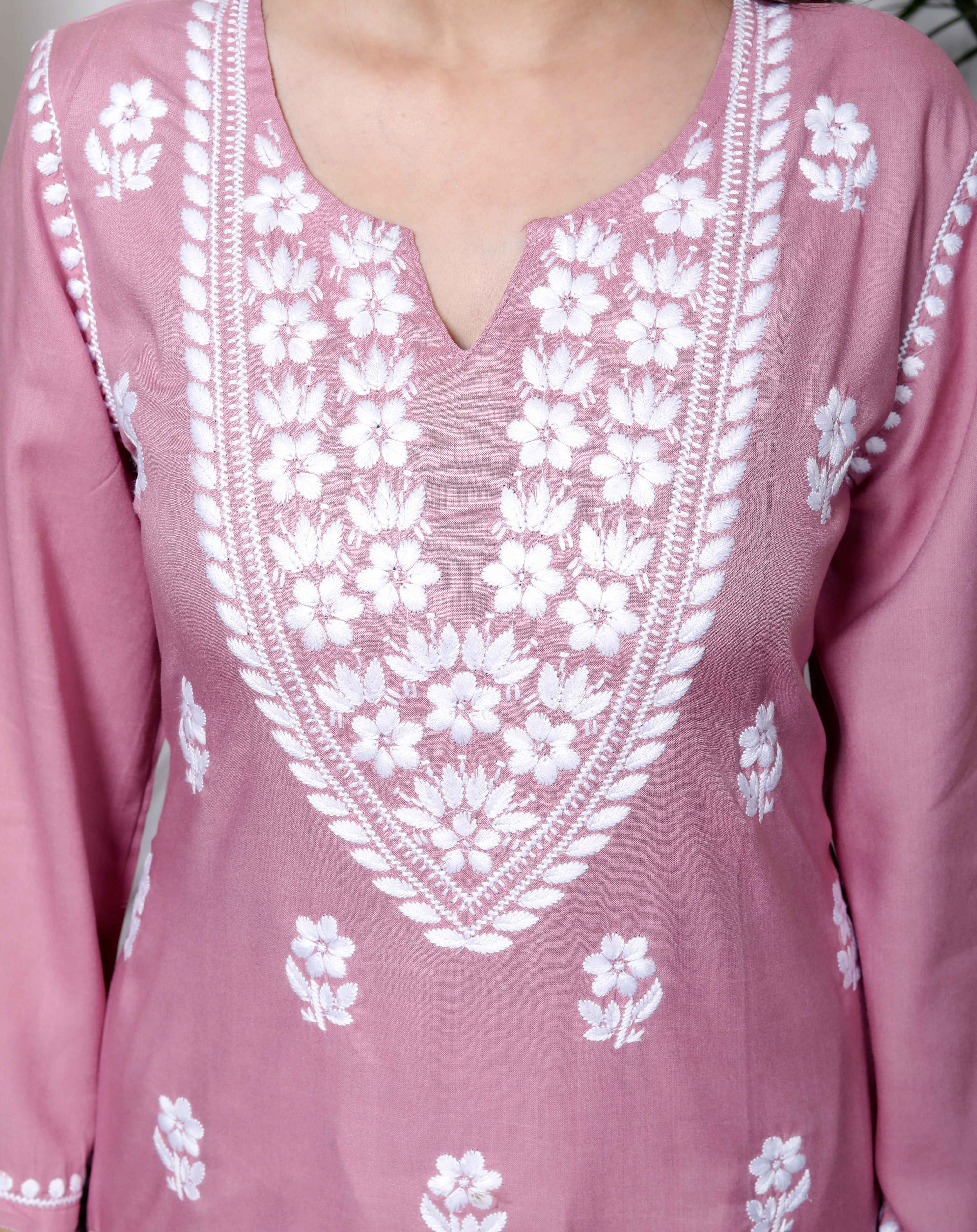 Pink Chikankari Embroidered Straight Kurta with Palazzo Set