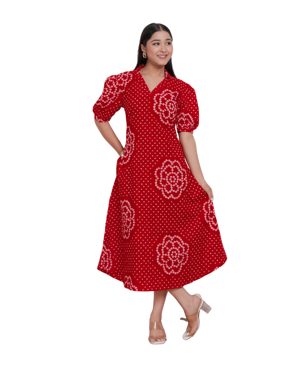 Red Bandhani Printed Cotton Maxi Dress with Collar Neck – Vacation Wear