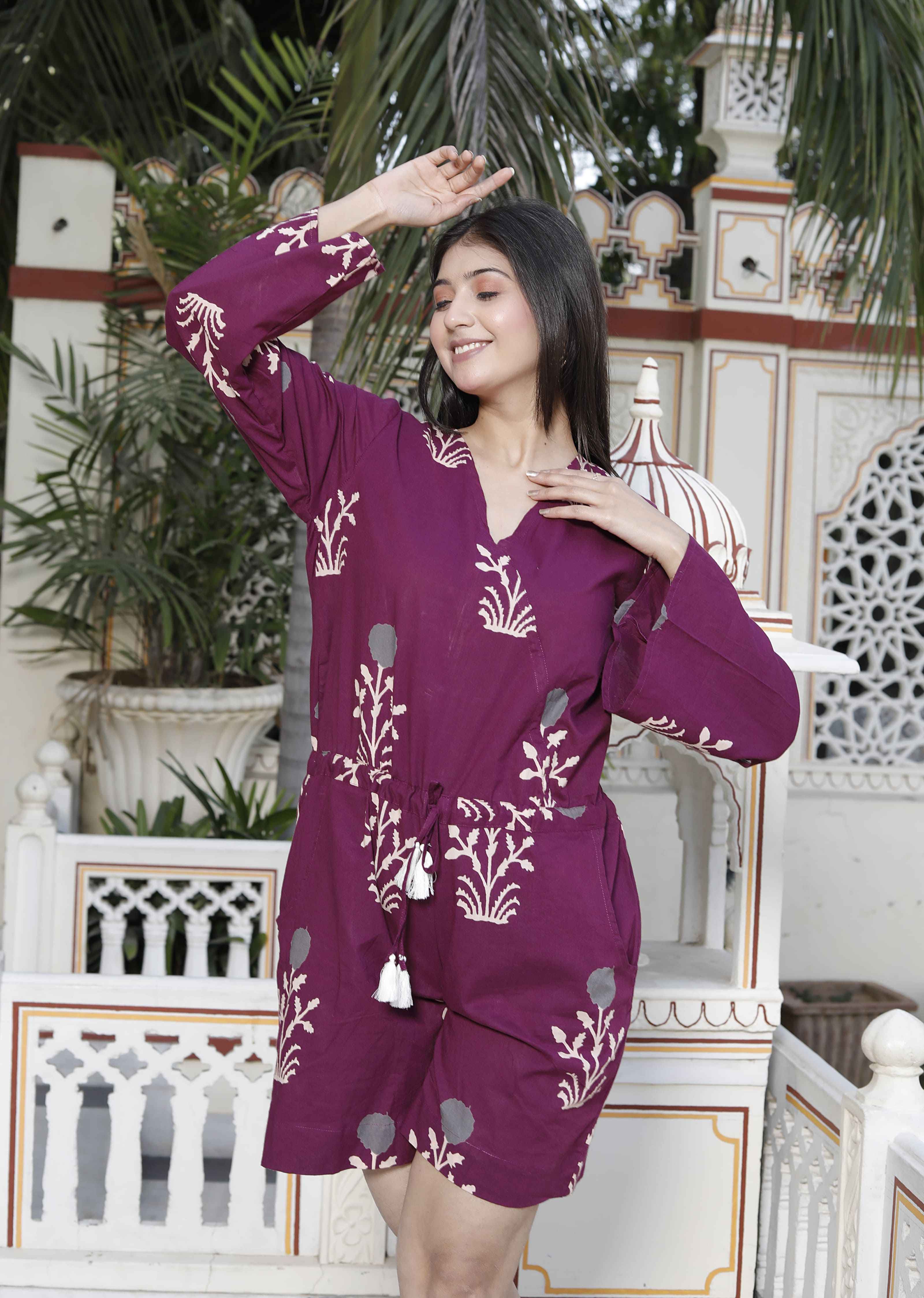 Womens Pure Cotton Wine Floral Printed Long Sleeves Waist Tie-Up Playsuit