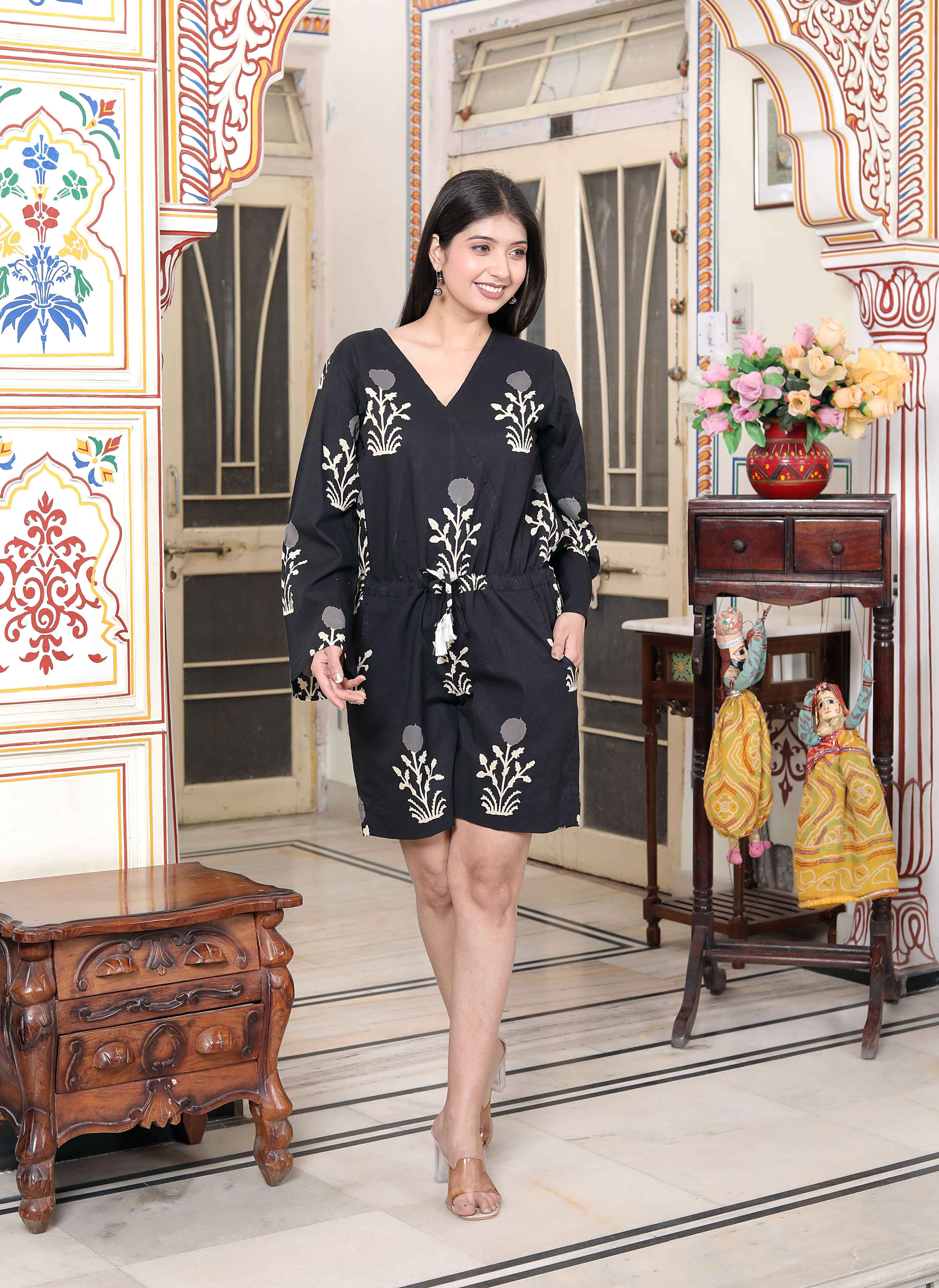 Womens Pure Cotton Black Waist Tie-Up Back Zip Closure Floral Playsuit