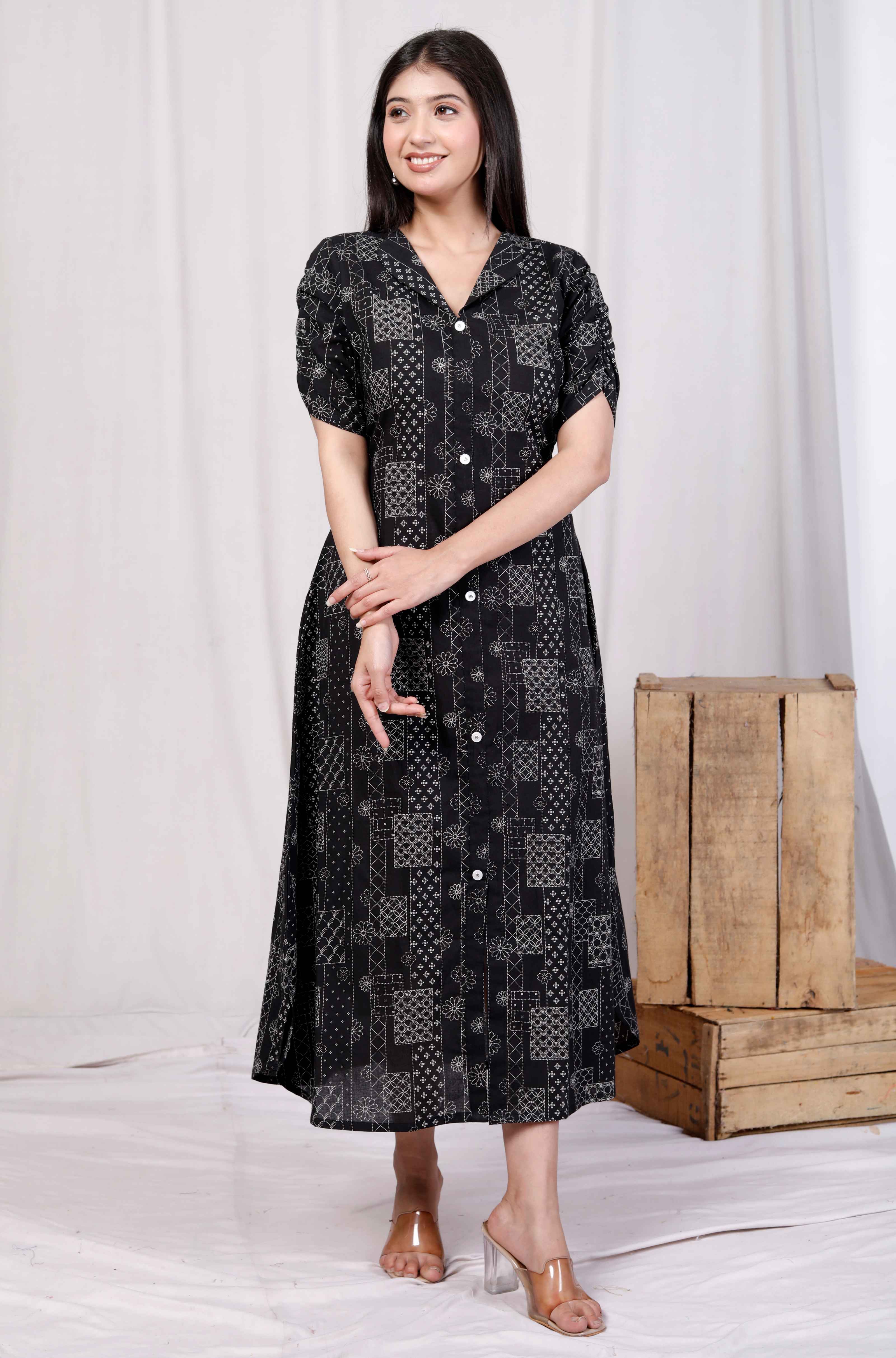 Black Floral Cotton A-Line Midi Dress with Front Buttons