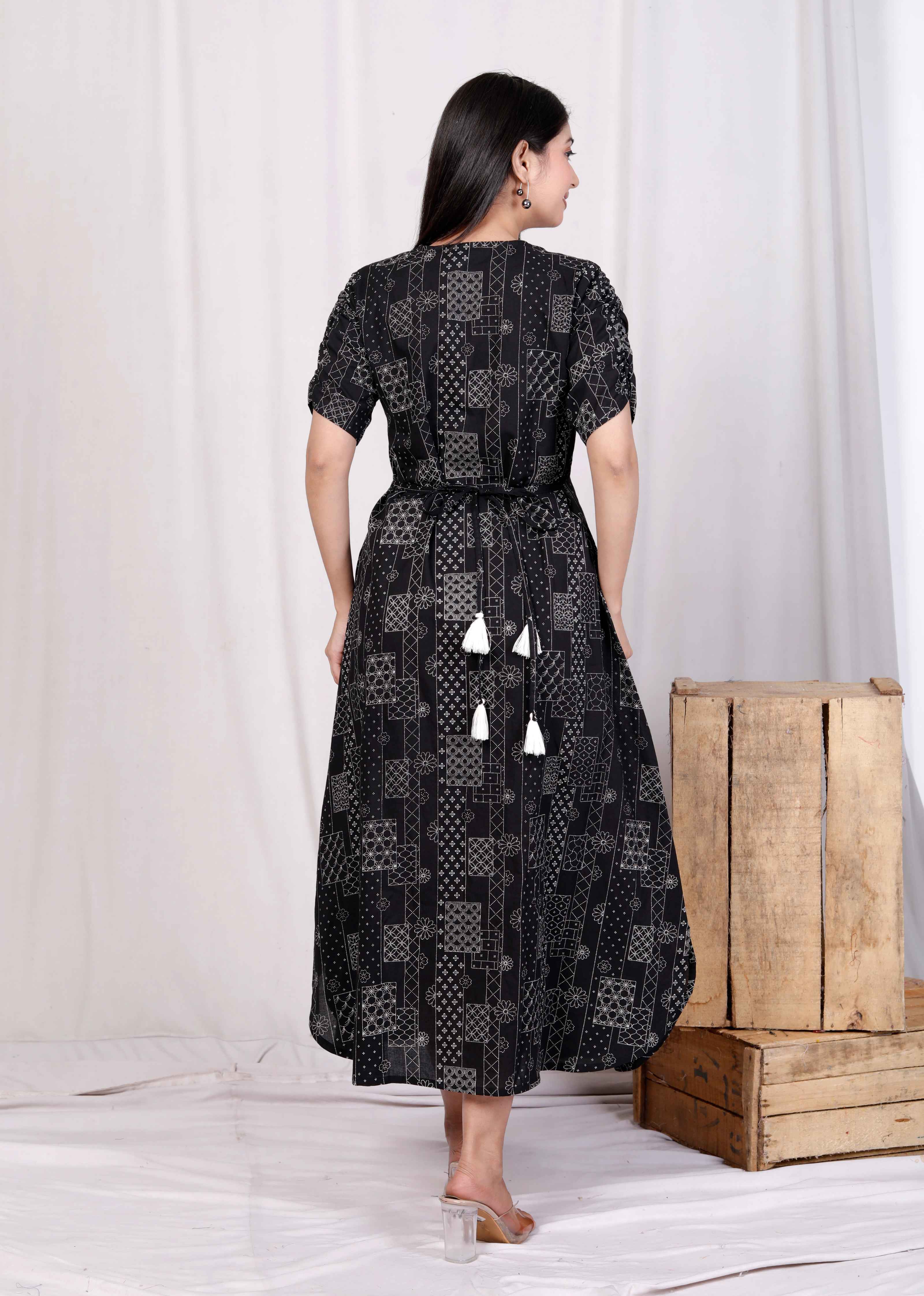 Black Floral Cotton A-Line Midi Dress with Front Buttons
