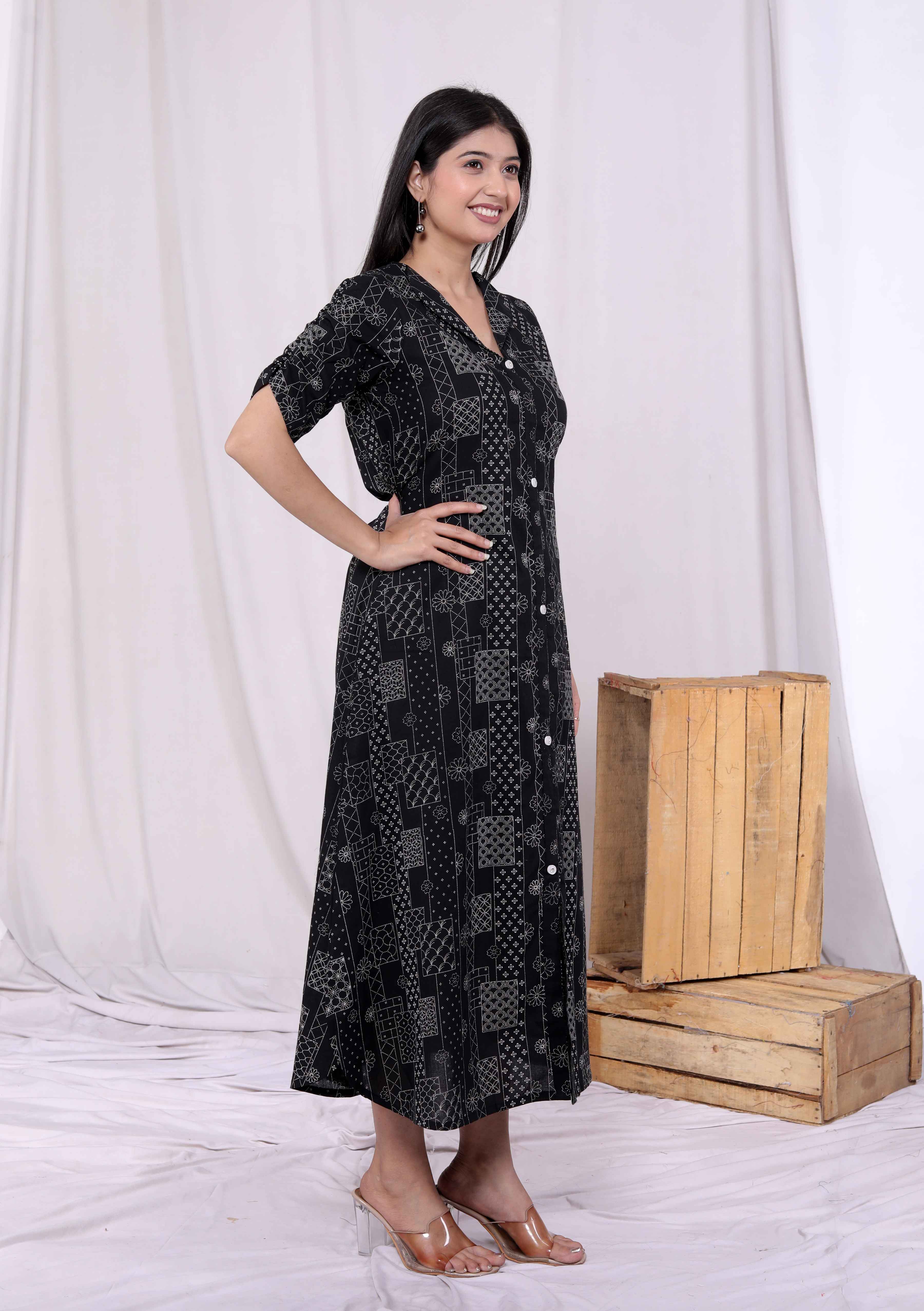 Black Floral Cotton A-Line Midi Dress with Front Buttons