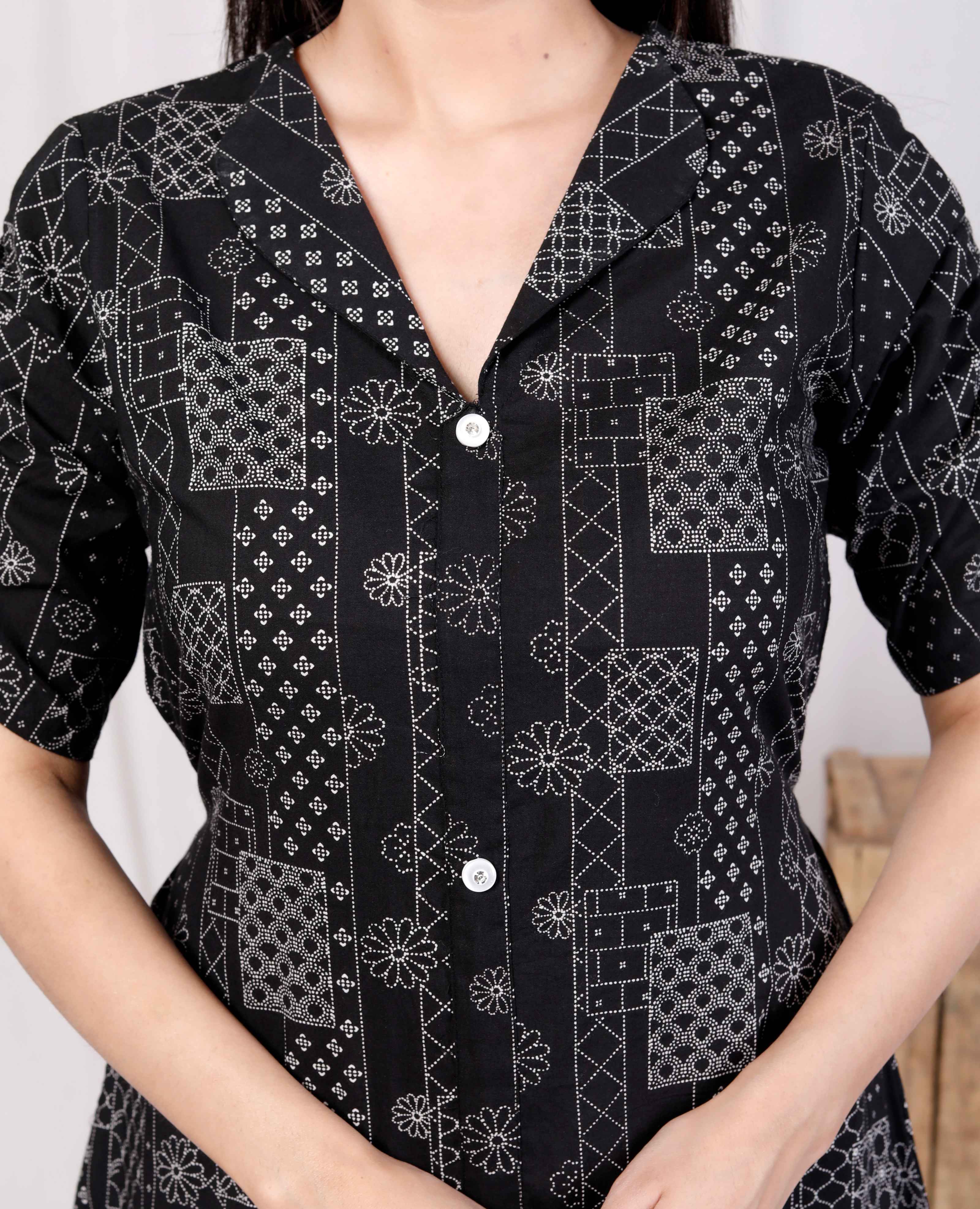 Black Floral Cotton A-Line Midi Dress with Front Buttons