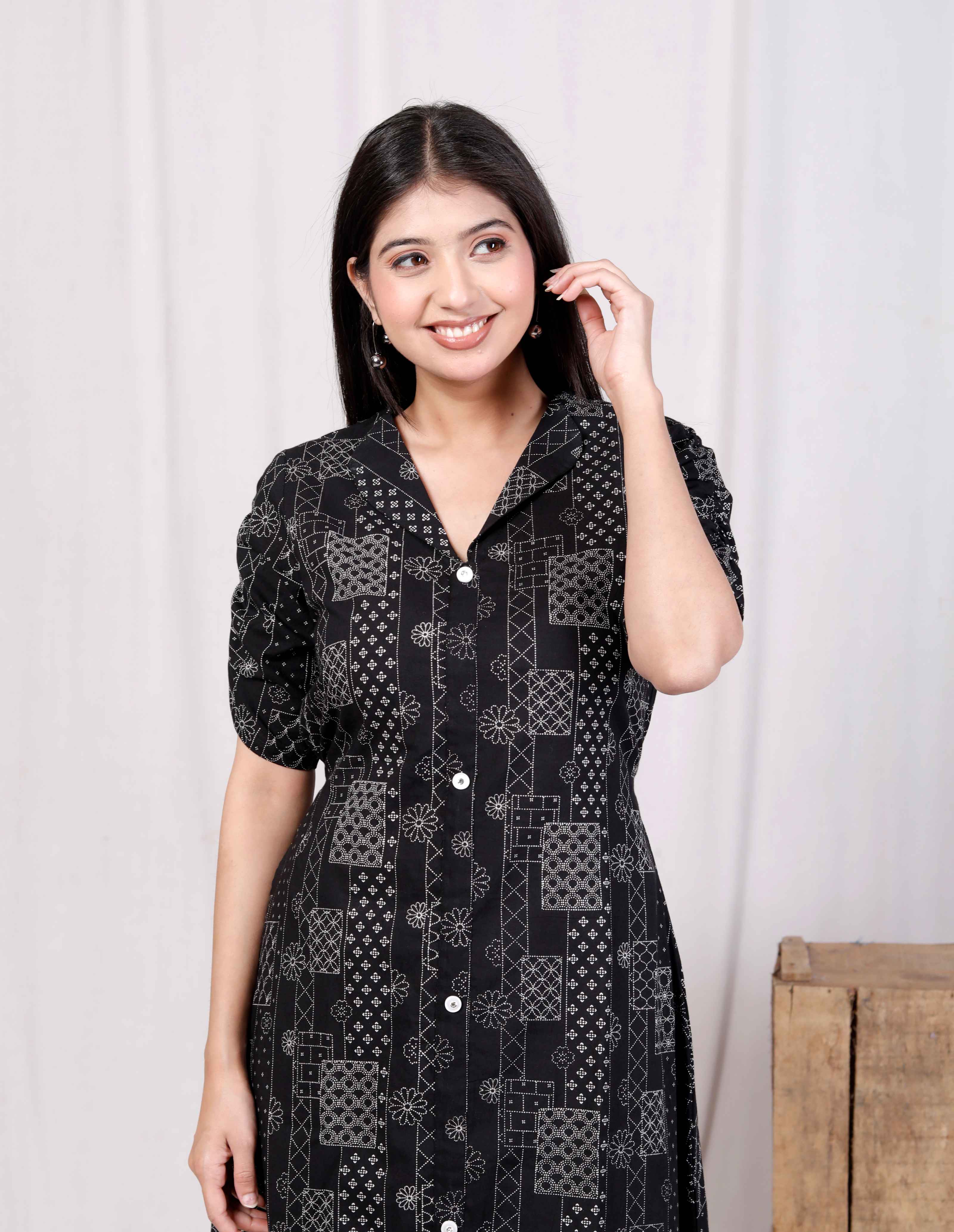 Black Floral Cotton A-Line Midi Dress with Front Buttons