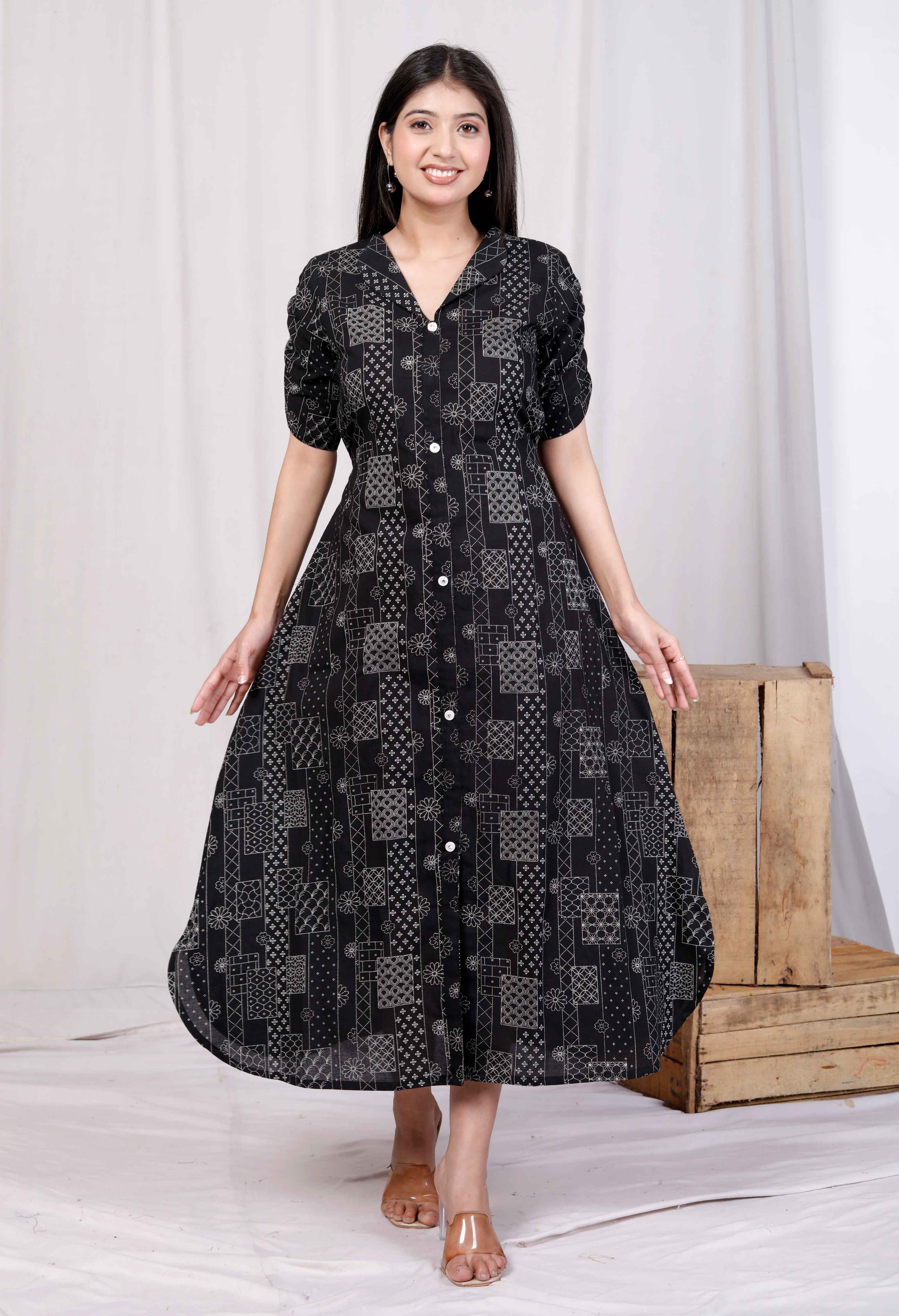 Black Floral Cotton A-Line Midi Dress with Front Buttons