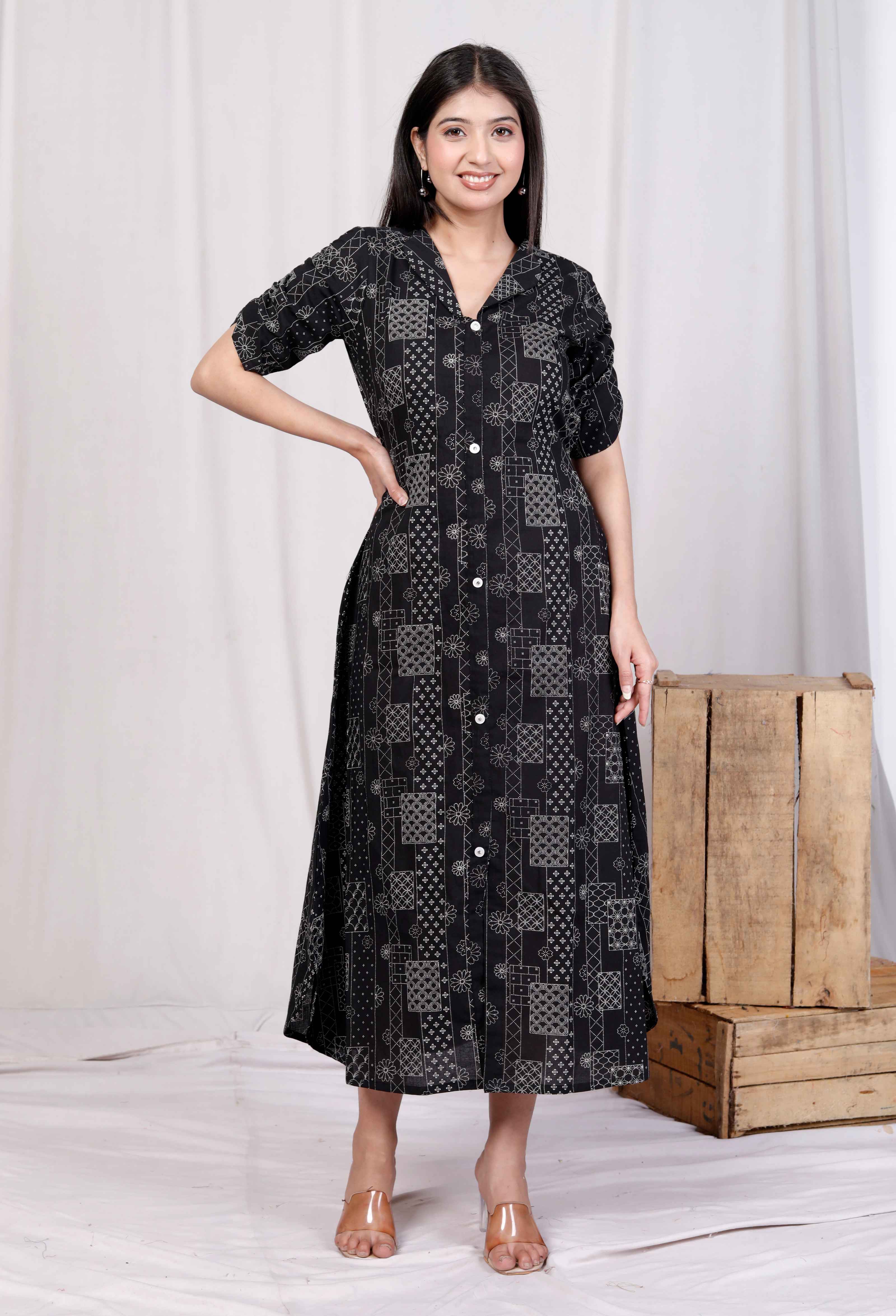 Black Floral Cotton A-Line Midi Dress with Front Buttons