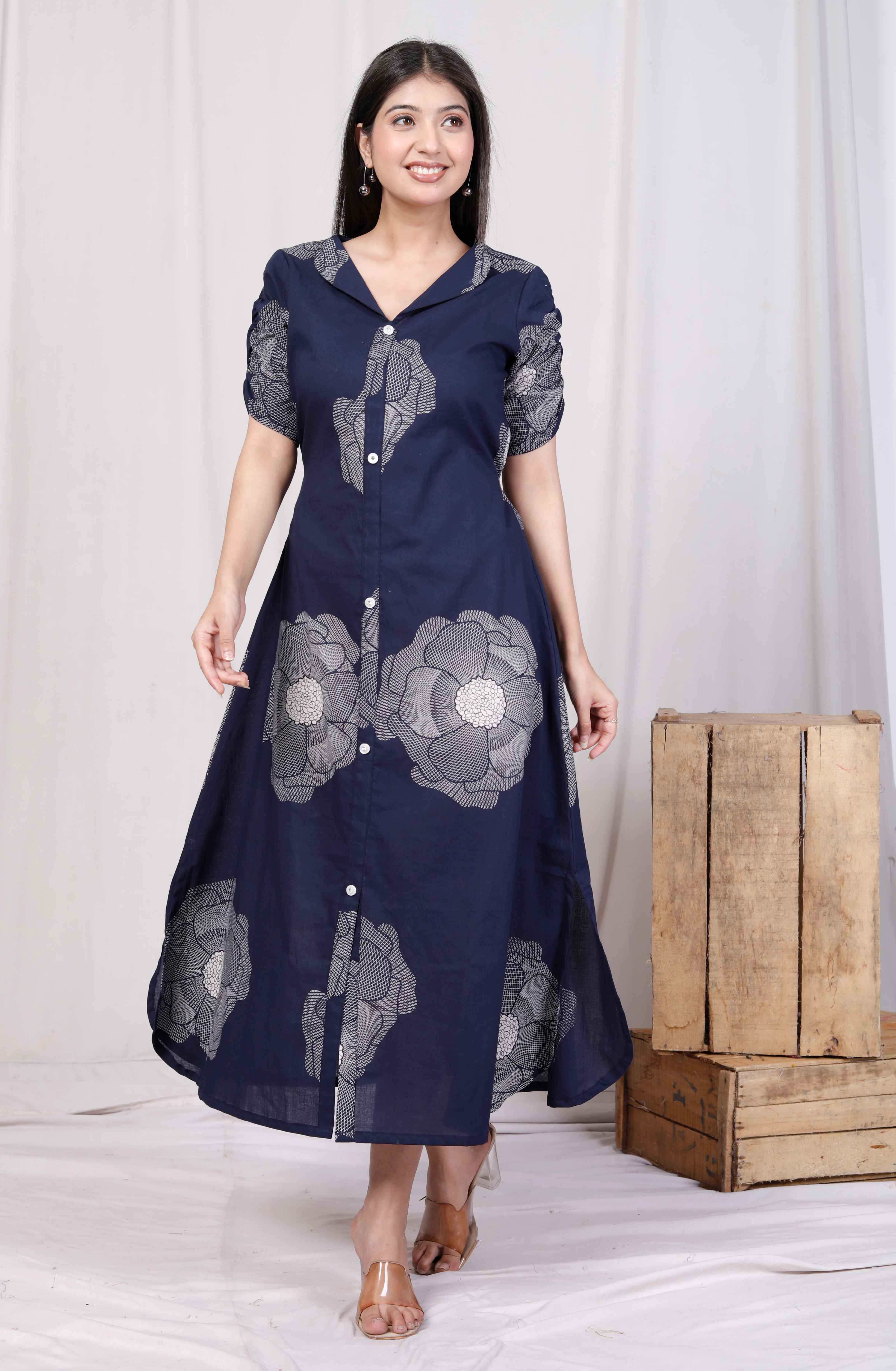 Womens Blue Floral Printed Front Buttoned A-Line Maxi Dress