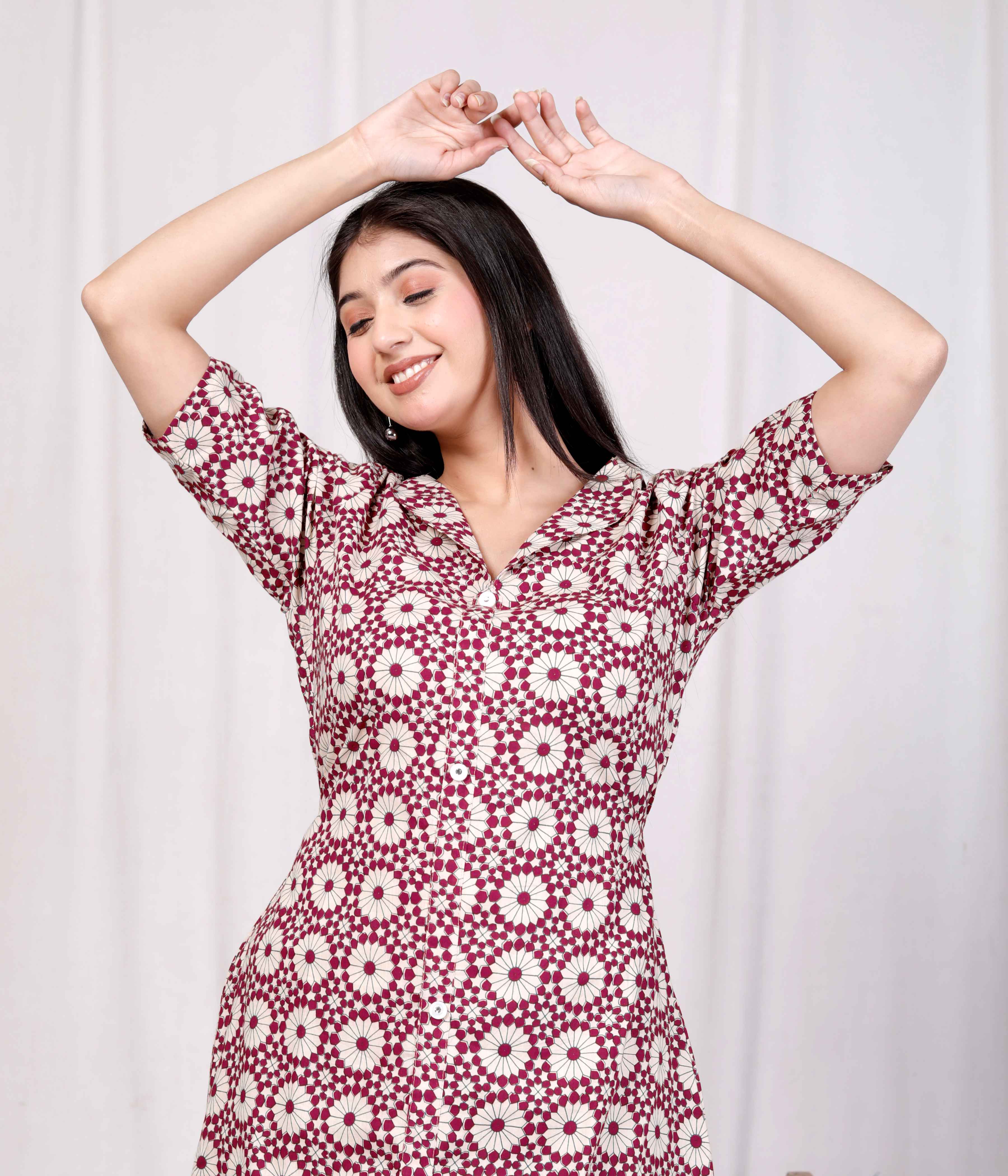 Womens Cotton Floral Printed Cream A-Line Maxi Dress with Buttons