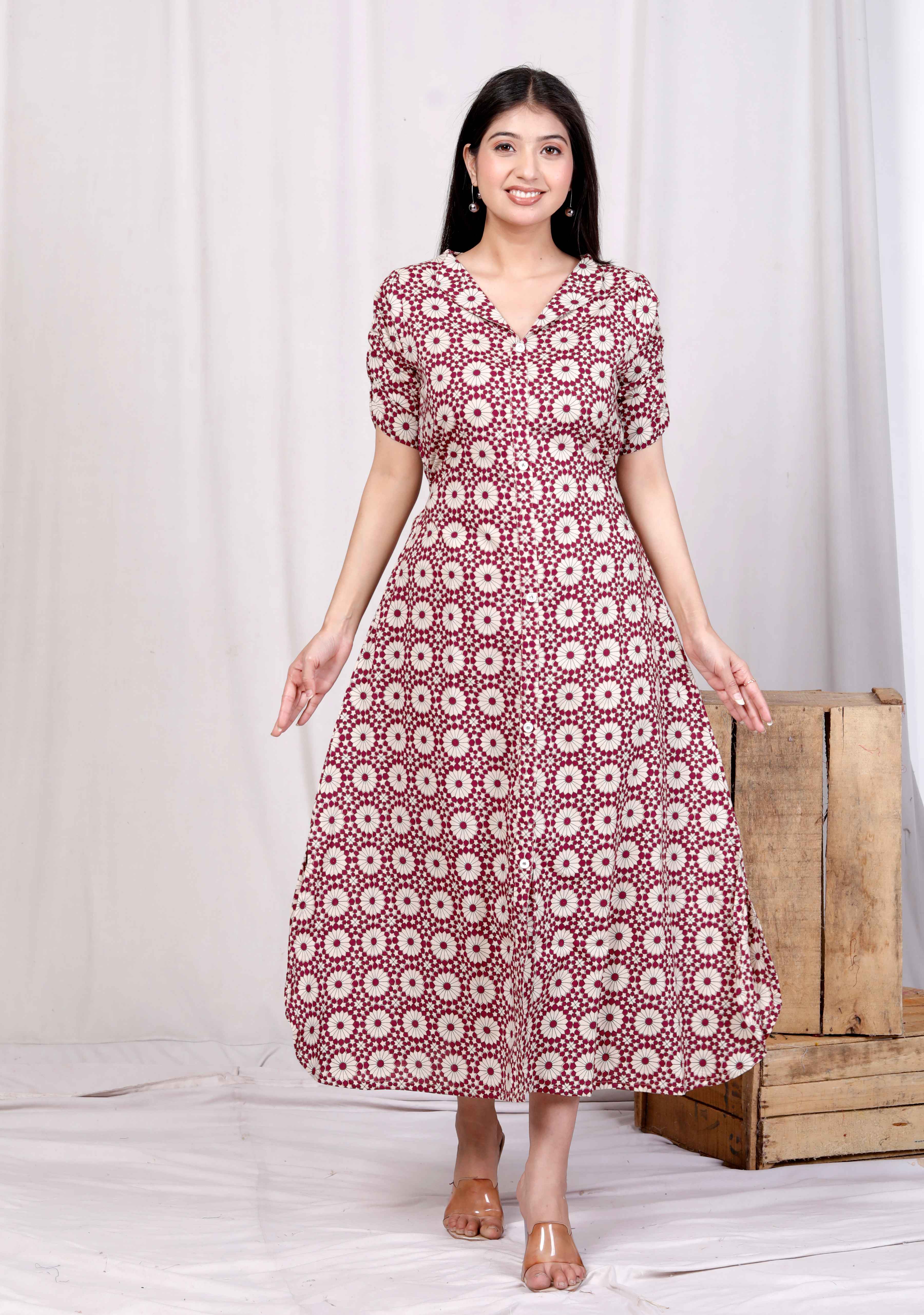Womens Cotton Floral Printed Cream A-Line Maxi Dress with Buttons