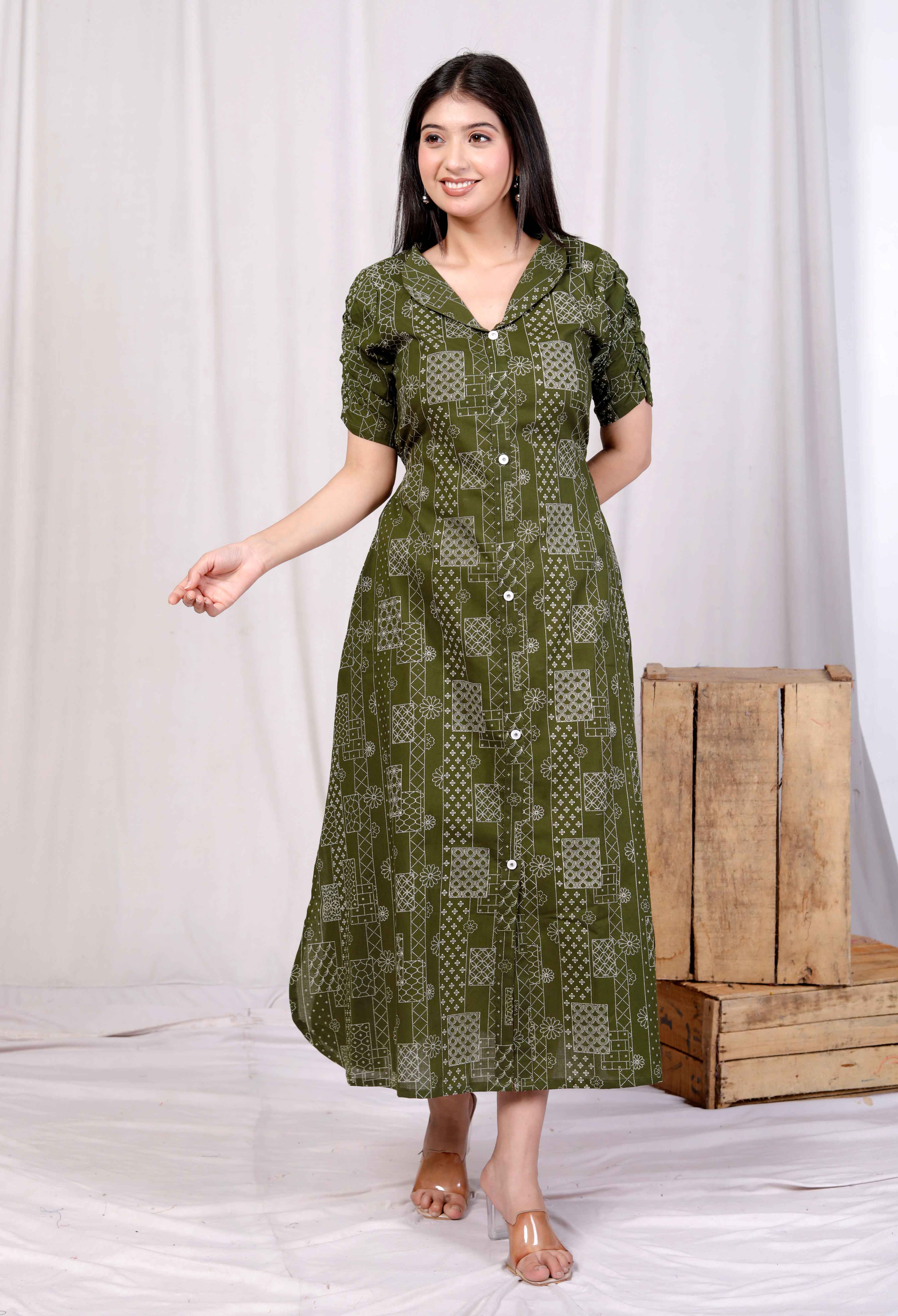 Green Cotton Floral Printed A-Line Midi Dress – Casual & Vacation Wear
