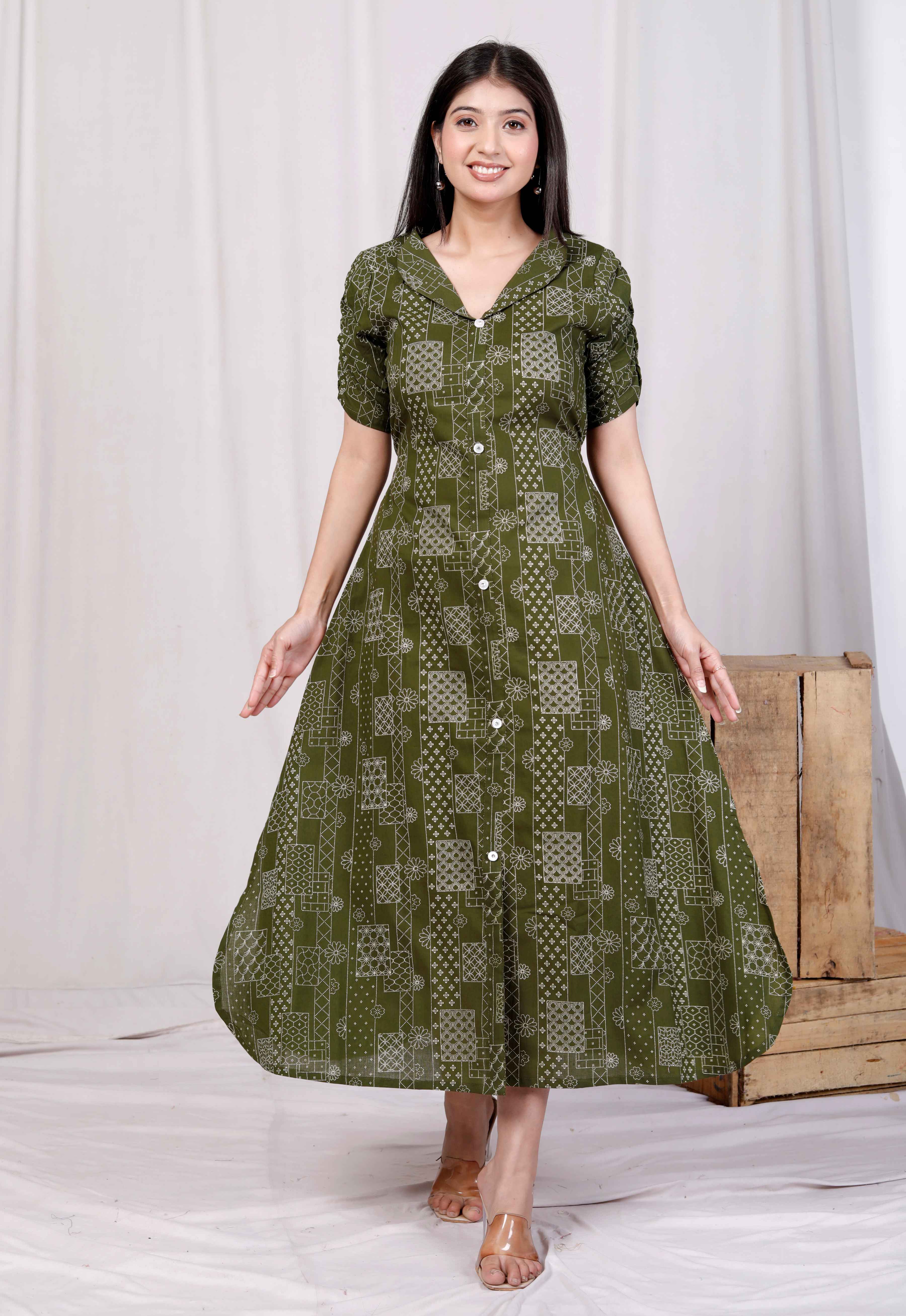 Green Cotton Floral Printed A-Line Midi Dress – Casual & Vacation Wear