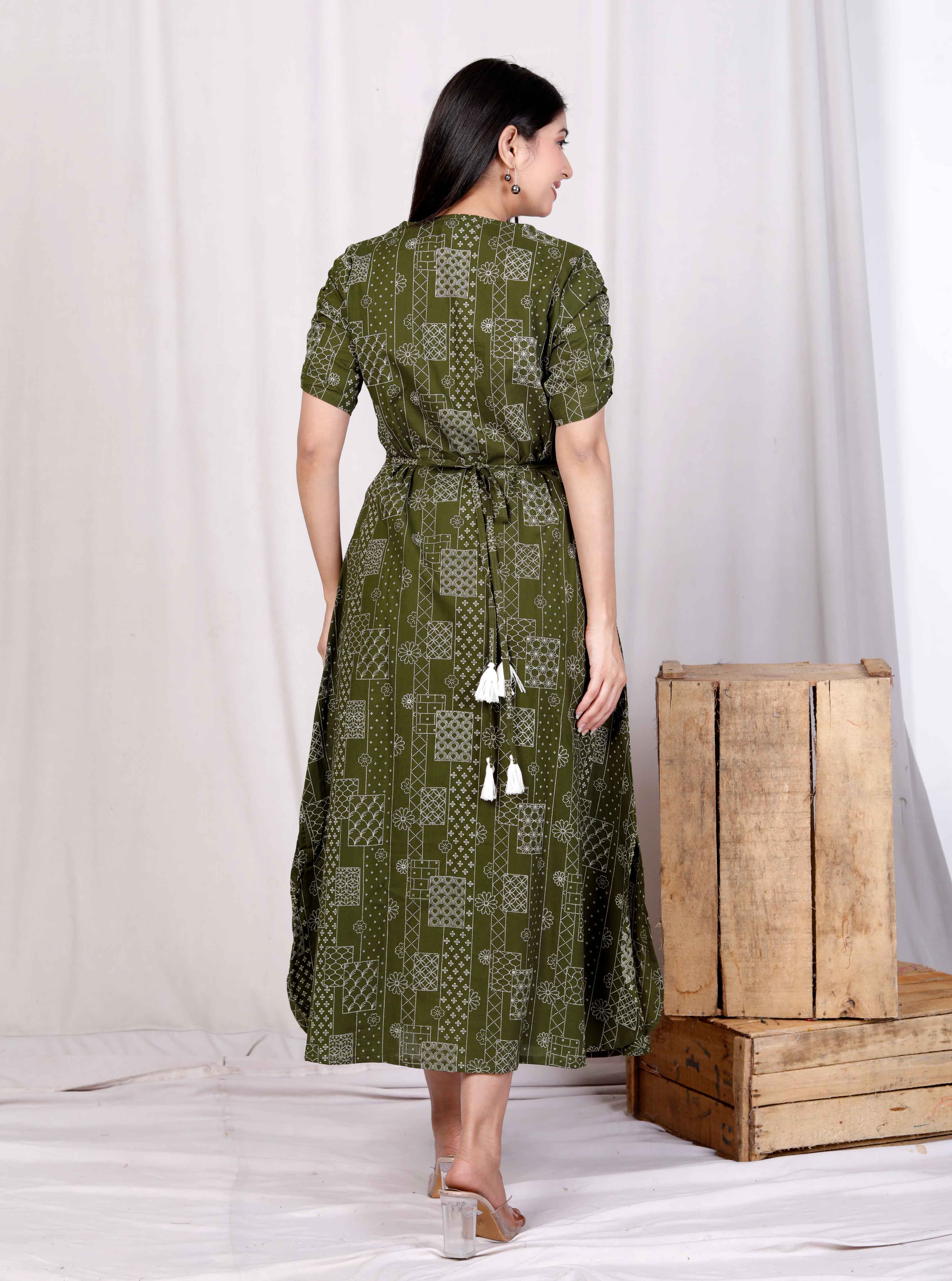 Green Cotton Floral Printed A-Line Midi Dress – Casual & Vacation Wear