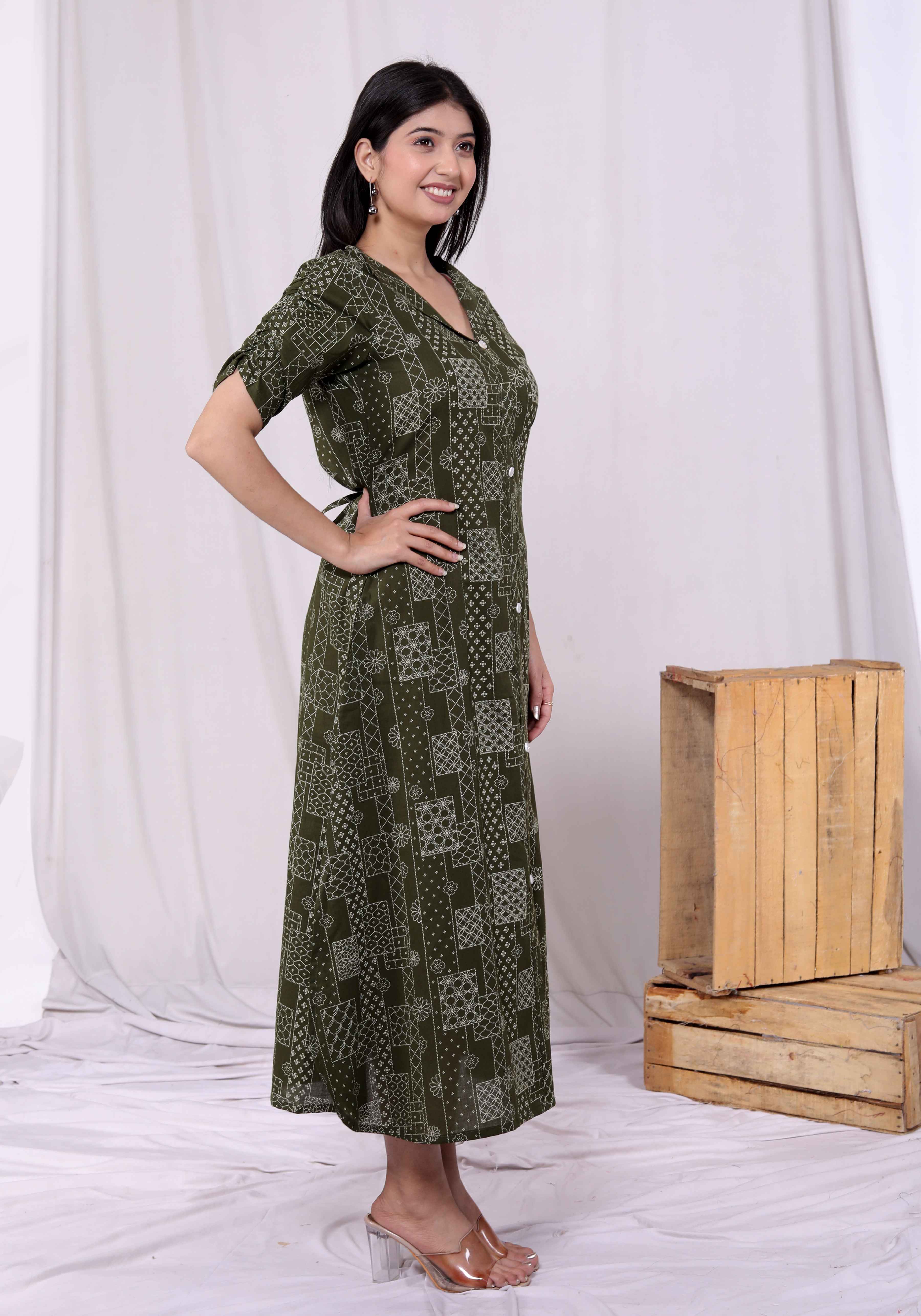 Green Cotton Floral Printed A-Line Midi Dress – Casual & Vacation Wear