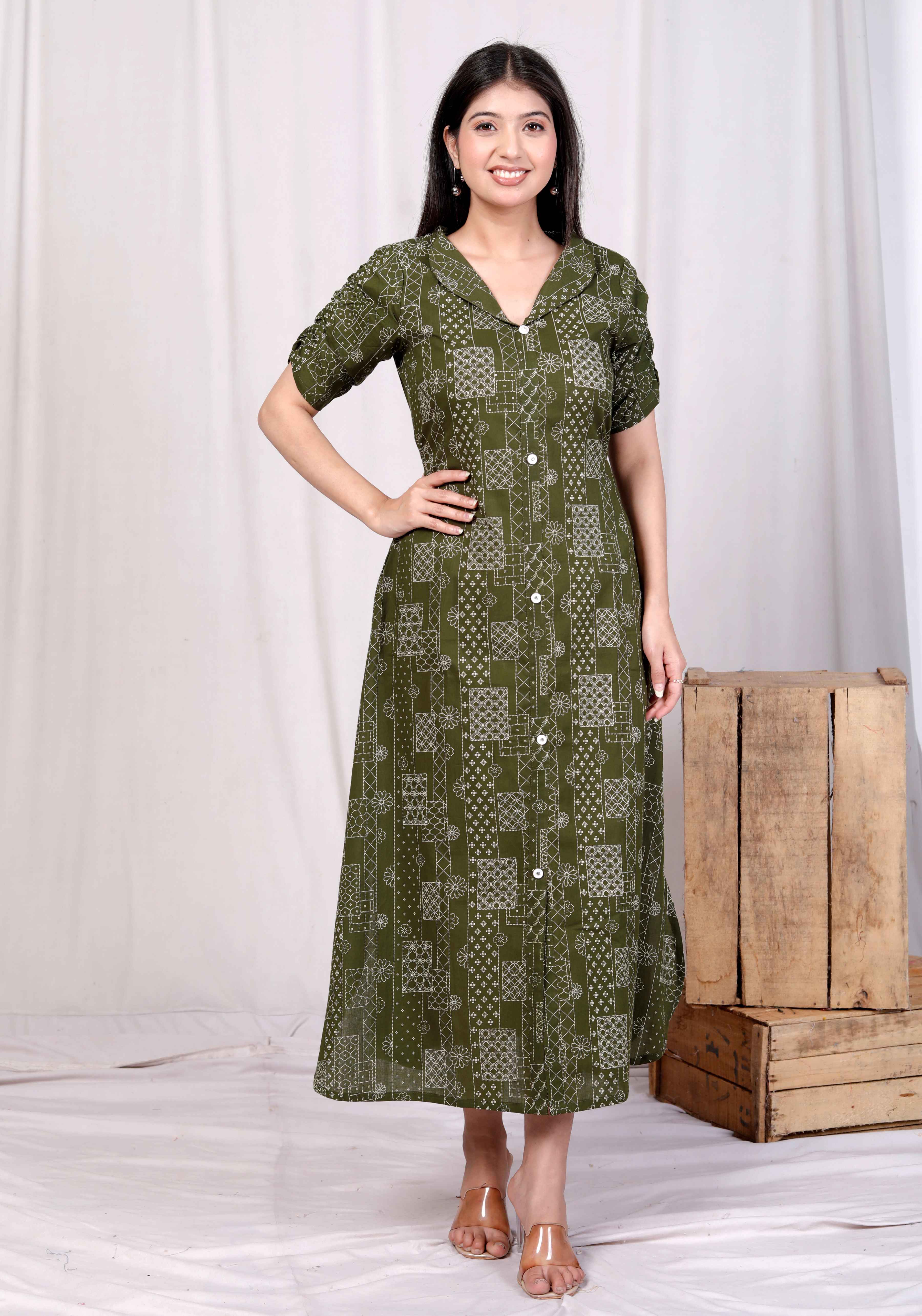 Green Cotton Floral Printed A-Line Midi Dress – Casual & Vacation Wear
