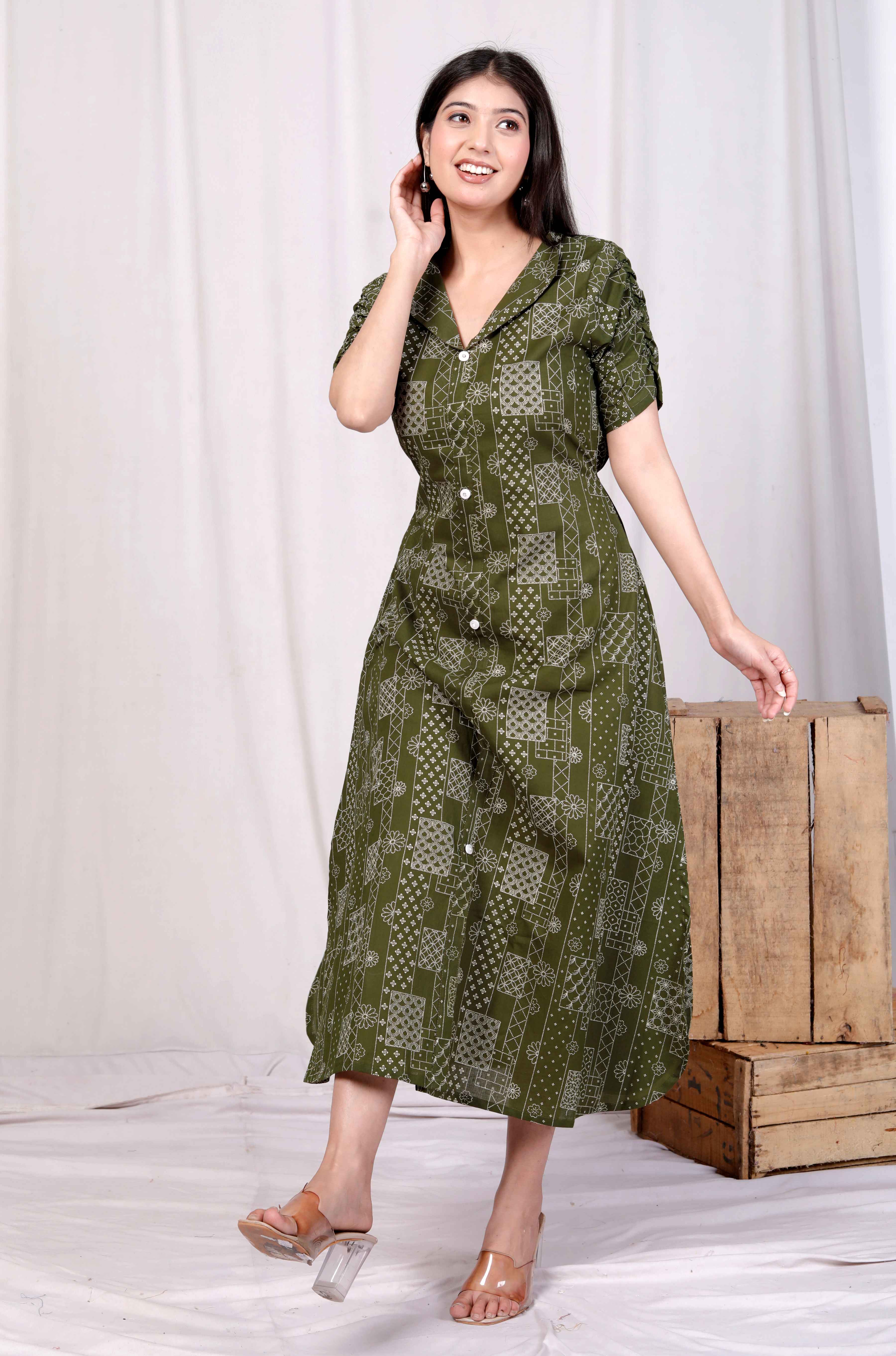 Green Cotton Floral Printed A-Line Midi Dress – Casual & Vacation Wear