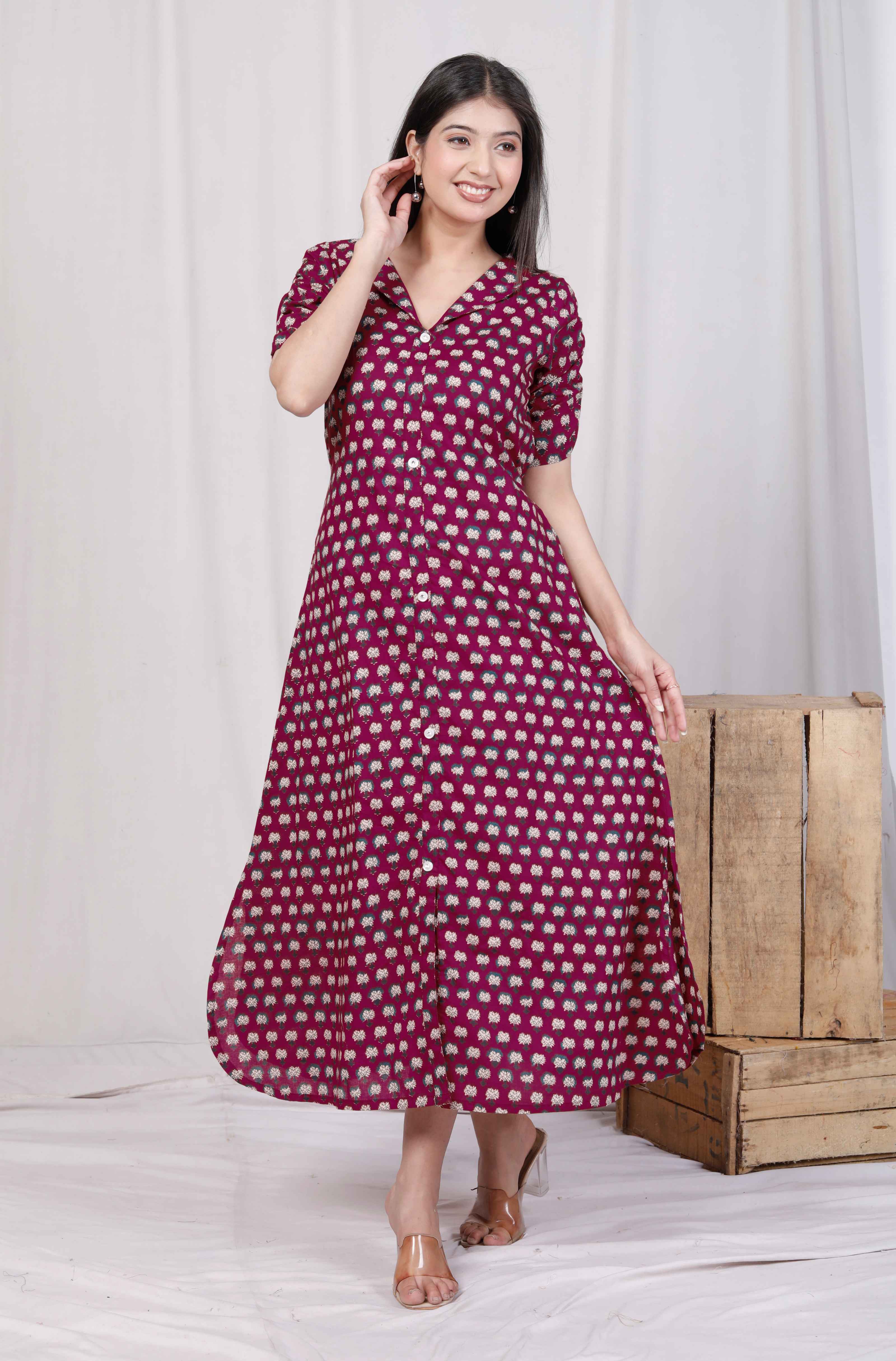 Womens Relaxed Fit Red Floral Printed A-Line Pure Cotton Midi Dress