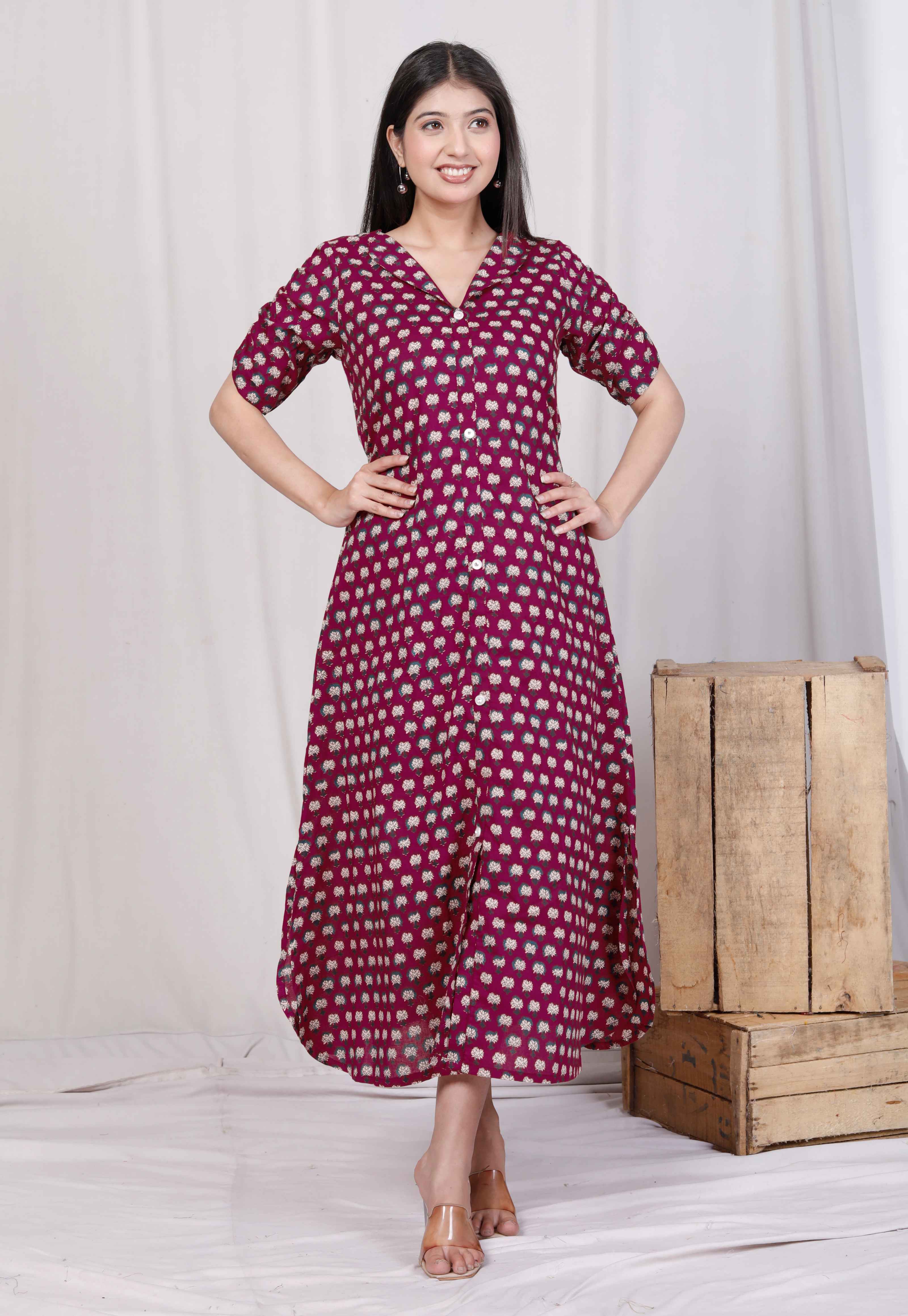 Womens Relaxed Fit Red Floral Printed A-Line Pure Cotton Midi Dress