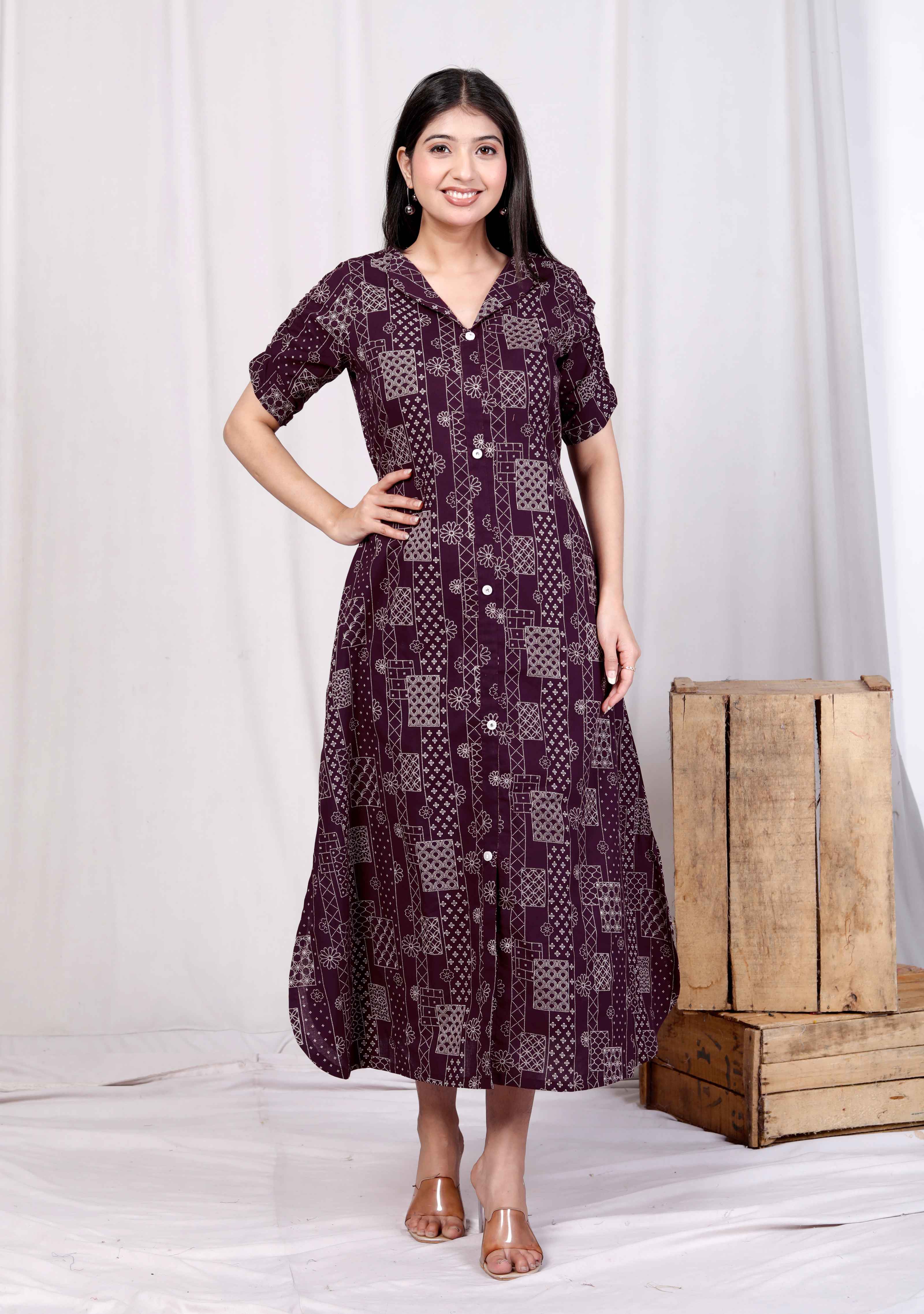 Womens Wine Mandarin Neck Floral Printed A-Line Party wear Maxi Dress